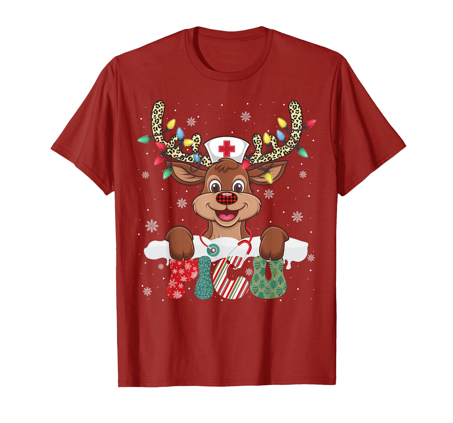 PICU Nurse Reindeer Nurse Hat Christmas Light Women Girl T-Shirt