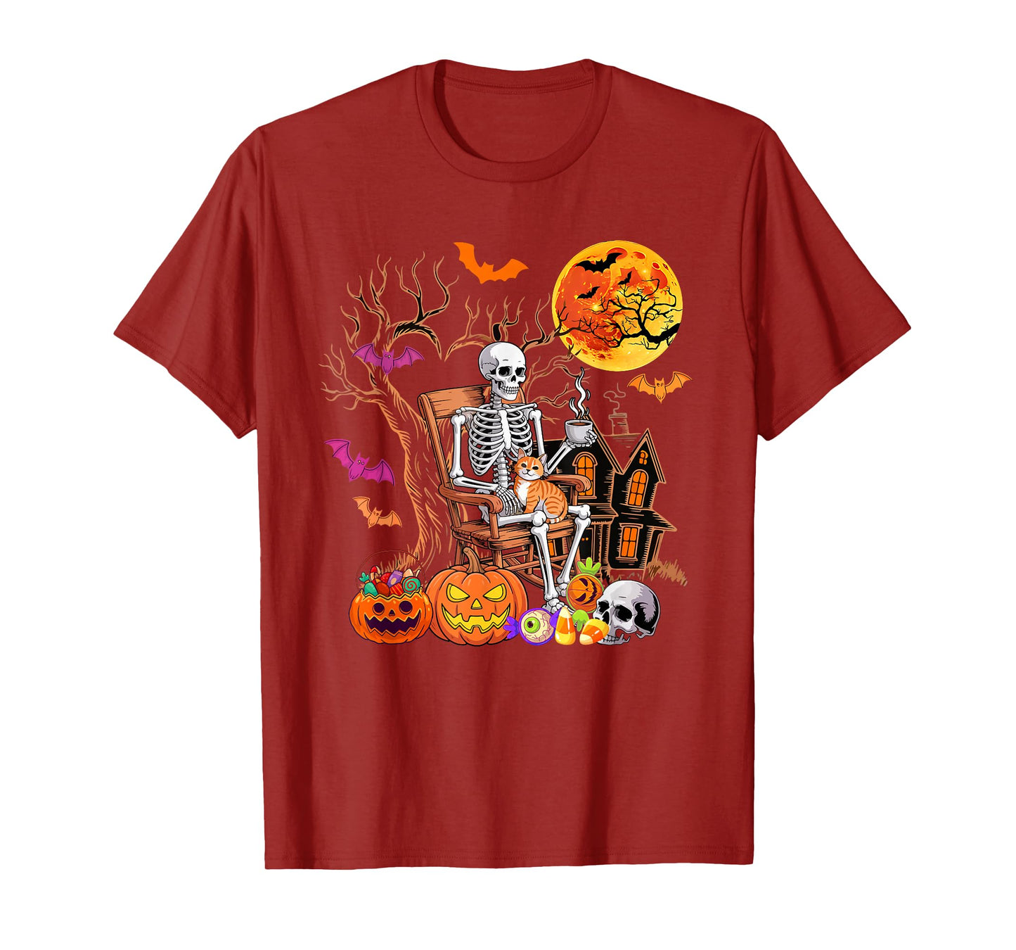 Skeleton Drinking Coffee Halloween Carved Pumpkin Lover T-Shirt