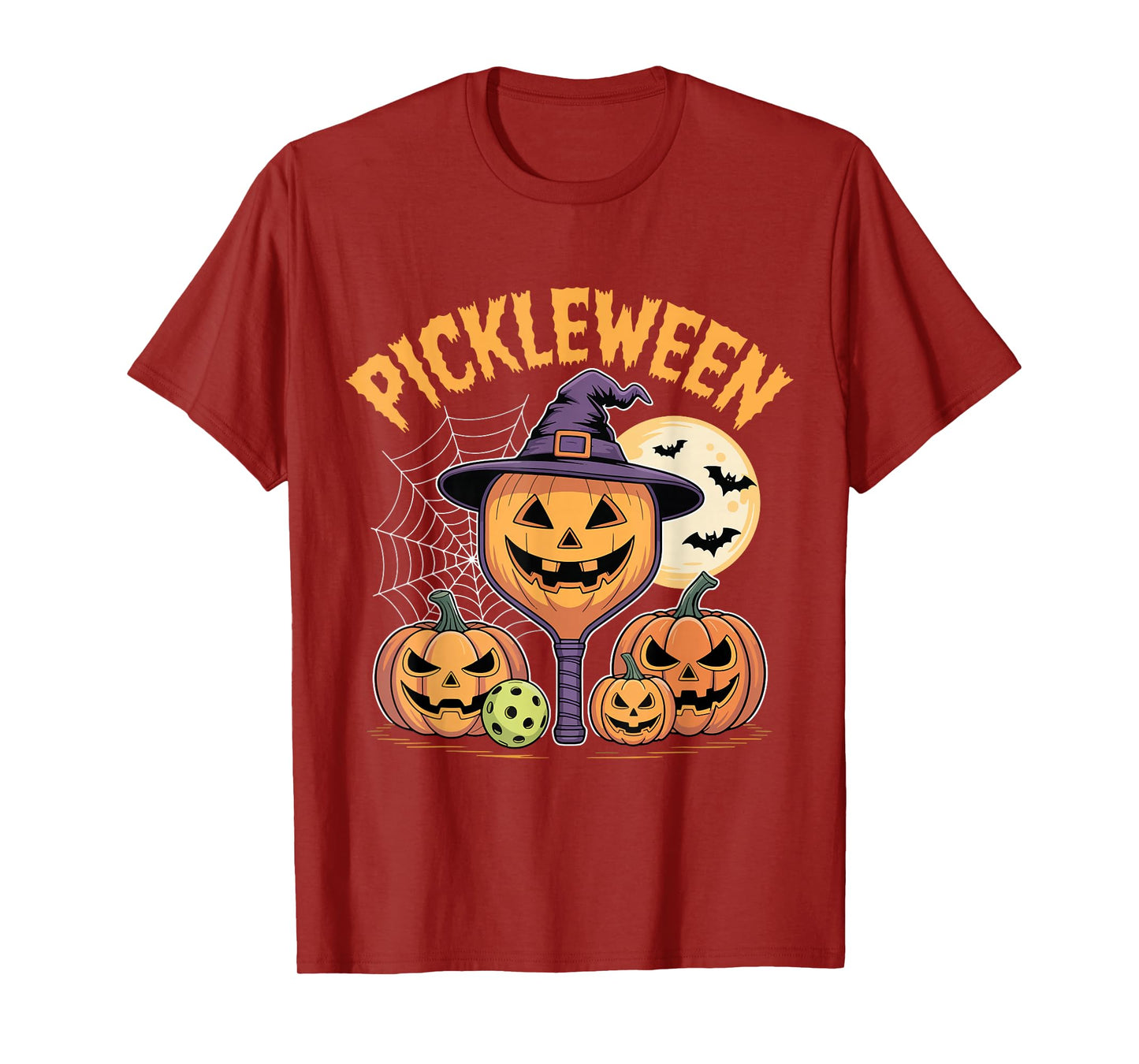 Pickleween Pickleball Player Spooky Halloween Pumpkin T-Shirt