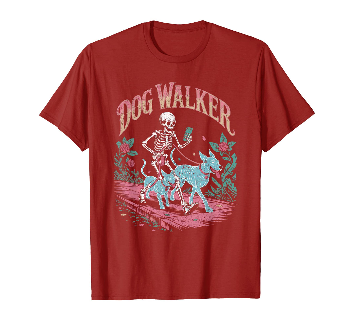 Skeleton Dog Walker with Ghost Dogs Funny Halloween Spooky T-Shirt