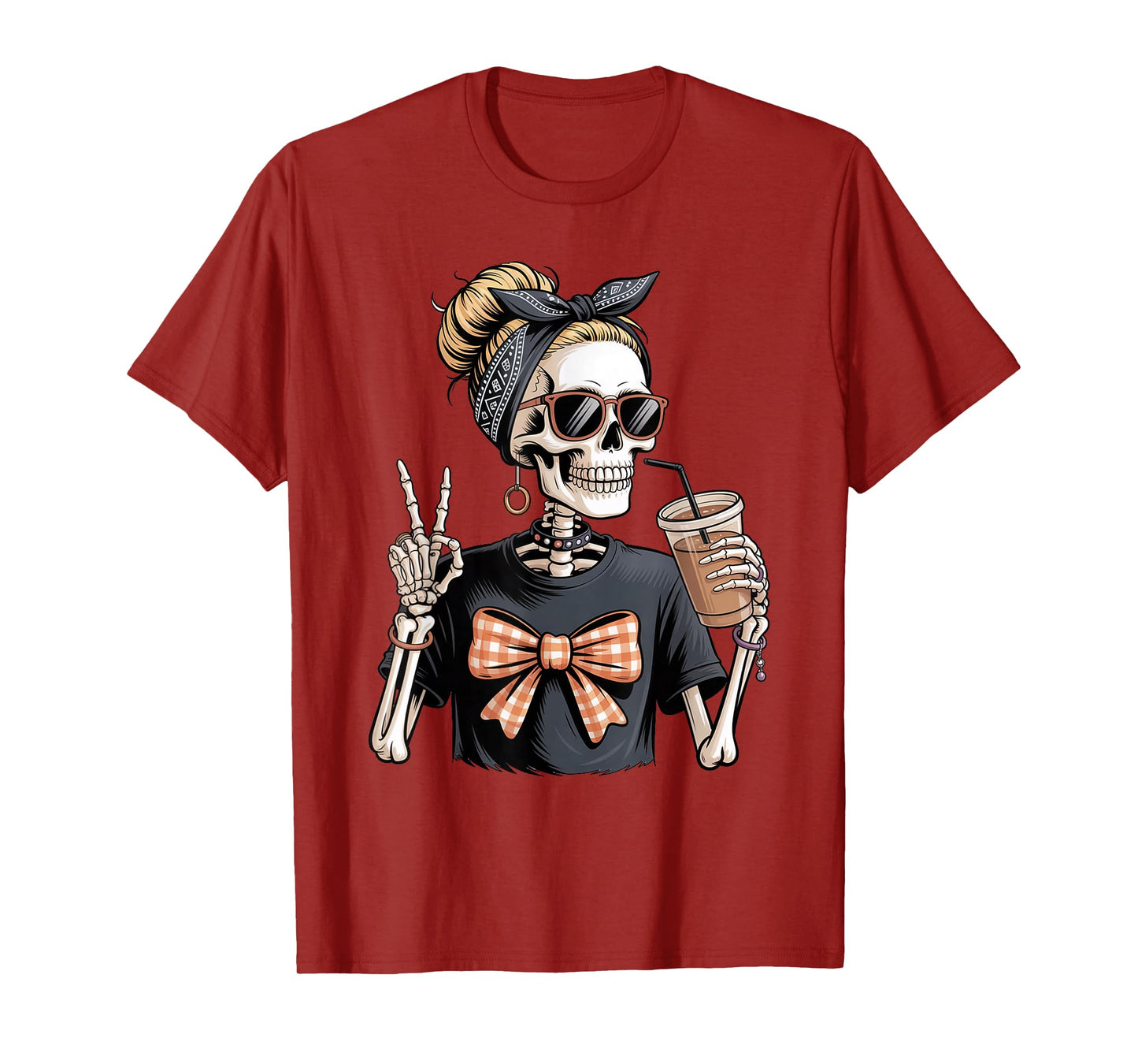 Skeleton Girl Drinking Coffee Peace Sign Graphic for Women T-Shirt