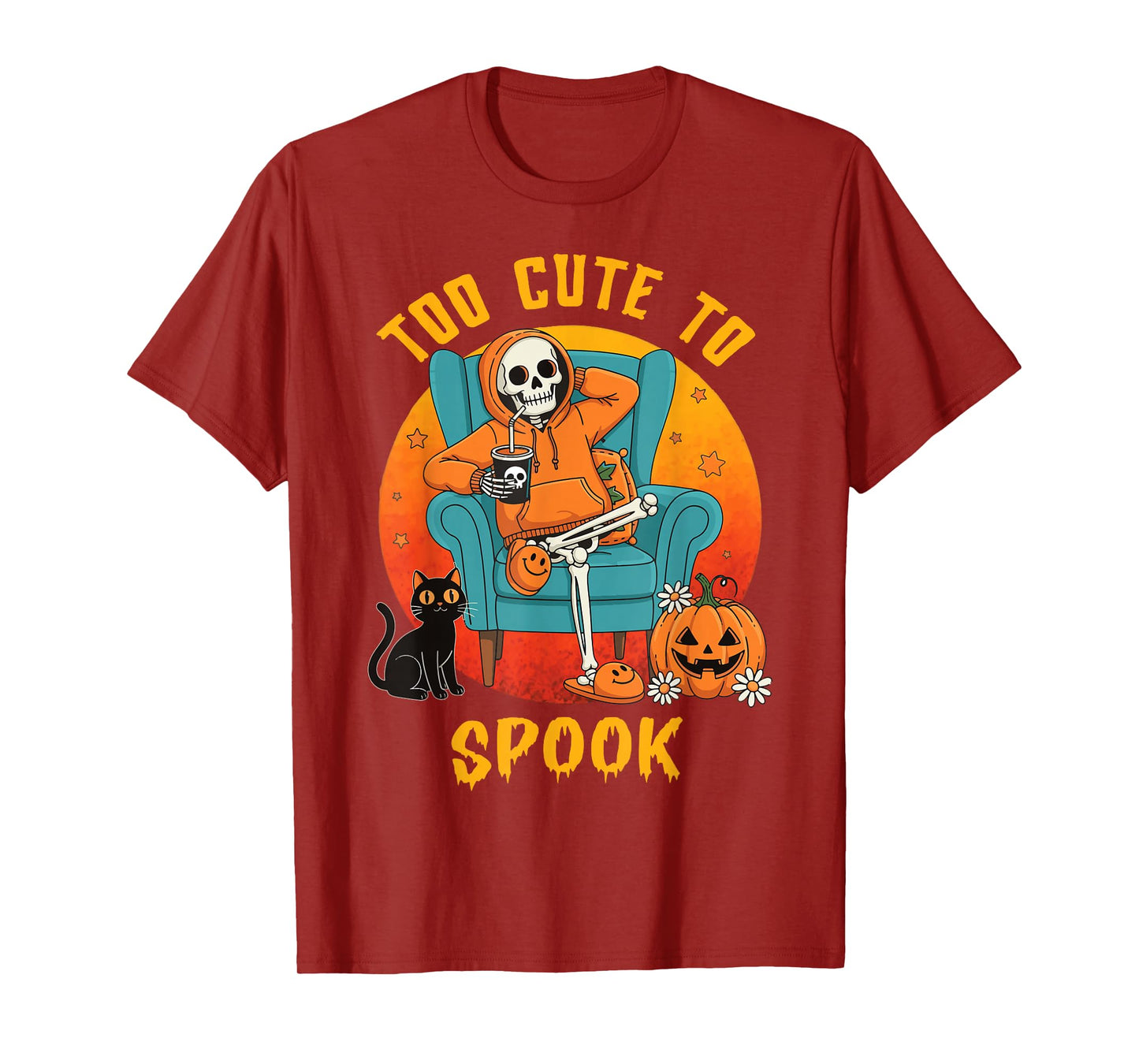 Too Cute to Spook Skeleton Halloween Black Cat Lover Mom Dad T-Shirt