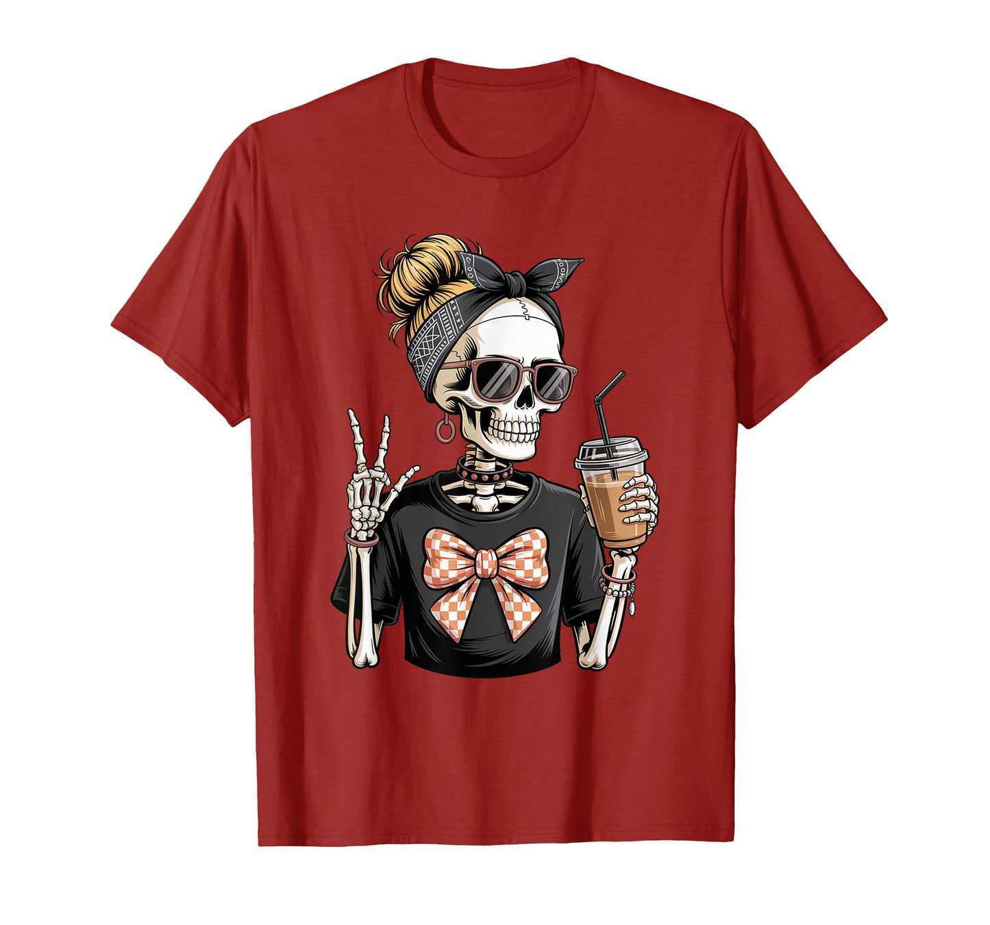 Skeleton Girl Drinking Coffee Peace Sign Graphic for Women T-Shirt