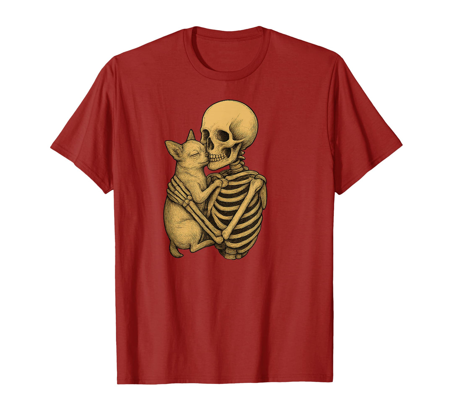 Skeleton Hugging Chihuahua Dog Halloween T-Shirt