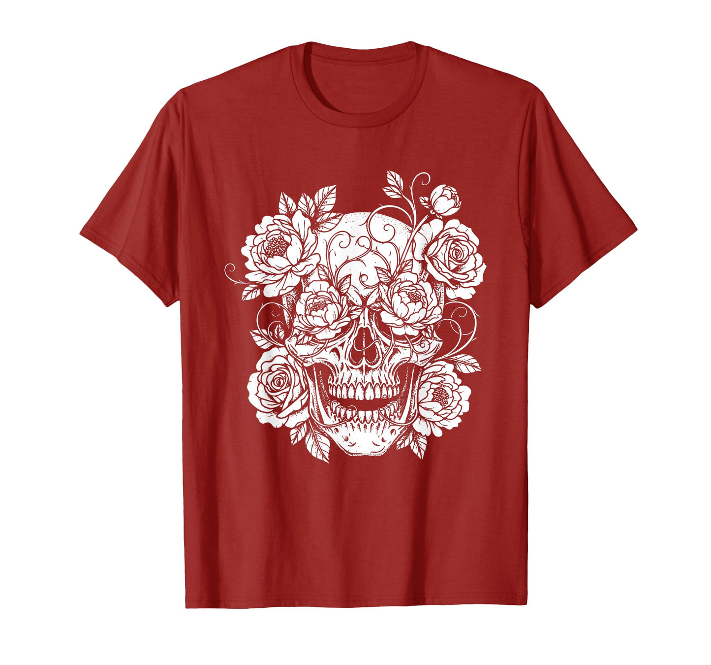 Black and White Skull with Flowers Funny Halloween T-Shirt