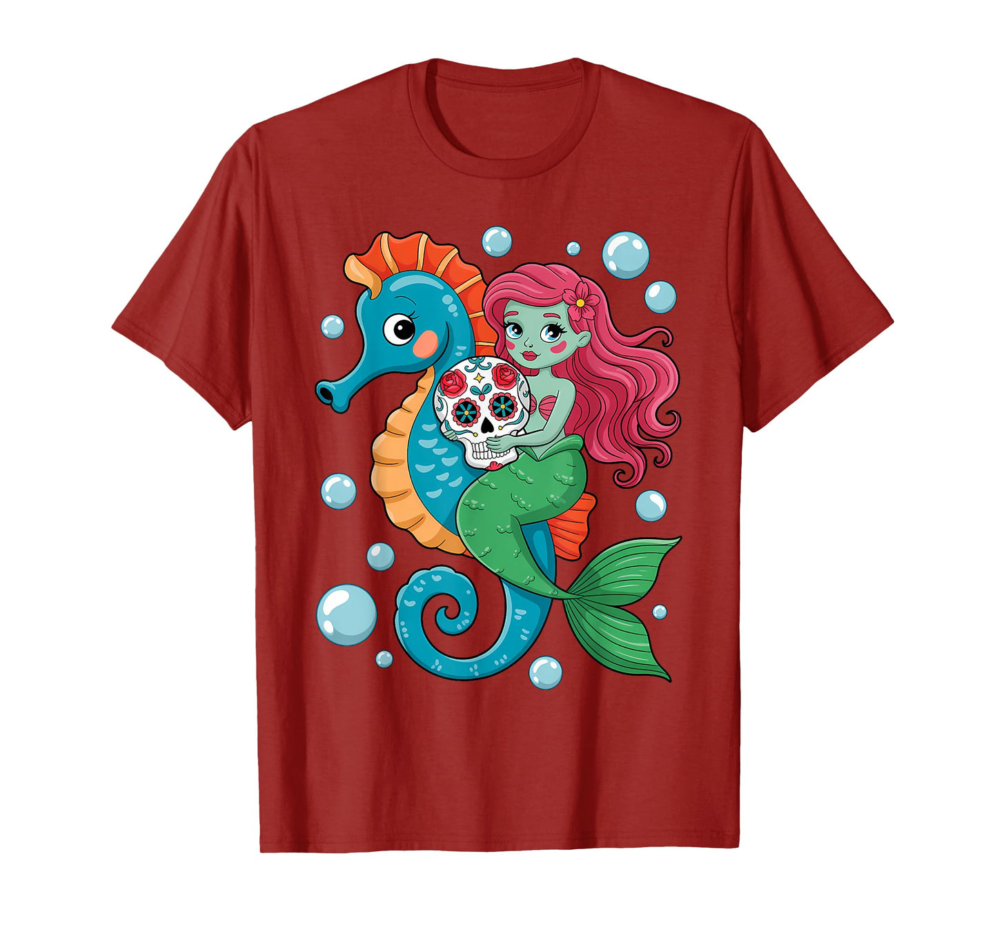 Halloween Skeleton Mermaid Sugar Skull Sea Horse T-Shirt