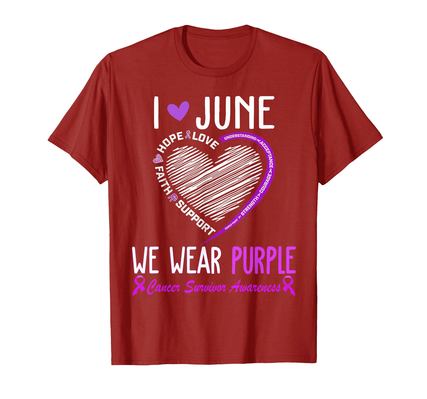 In June We Wear Purple Cancer Survivor Awareness Heart T-Shirt