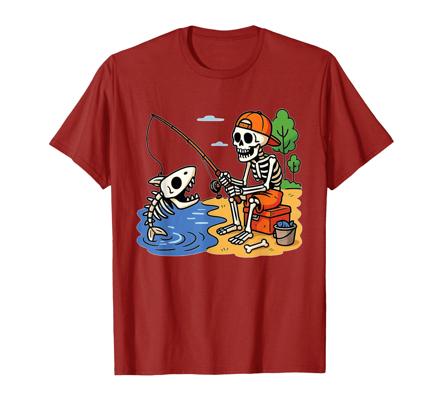 Skeleton Fishing a Shark Halloween Costume Funny Fishing T-Shirt