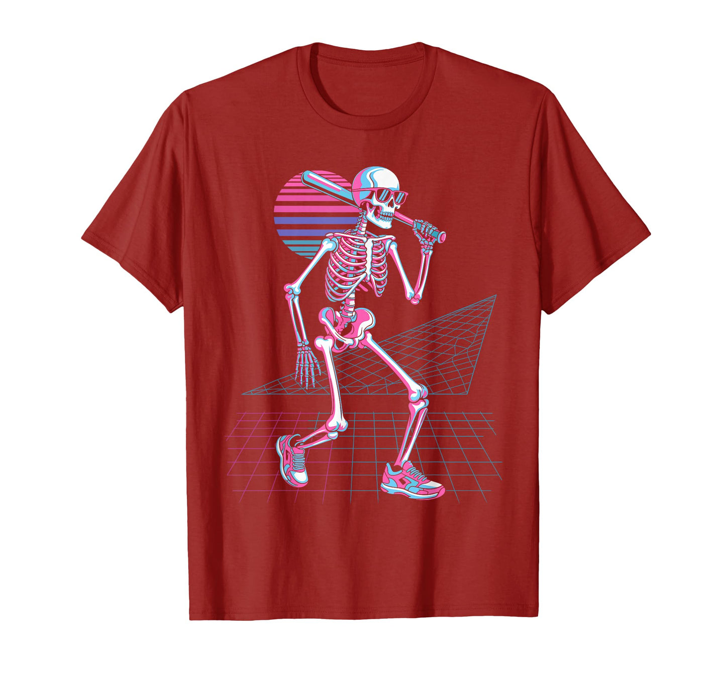Retro 80s Skeleton Baseball Graphic Vaporwave Sunset T-Shirt
