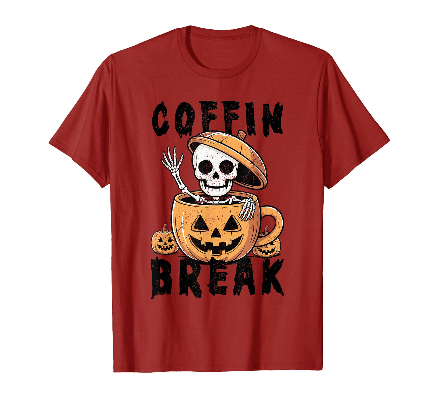 Skeleton in Pumpkin Mug Waving Spooky Halloween Coffee T-Shirt