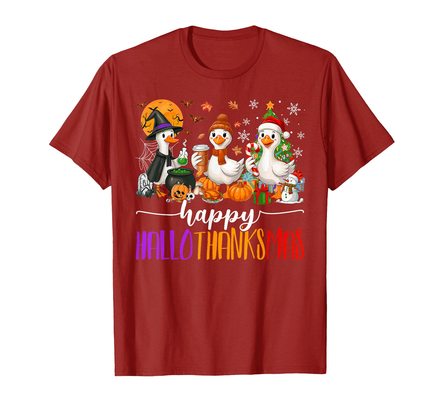 Happy Hallothanksmas Gooses Halloween Thanksgiving Christmas T-Shirt