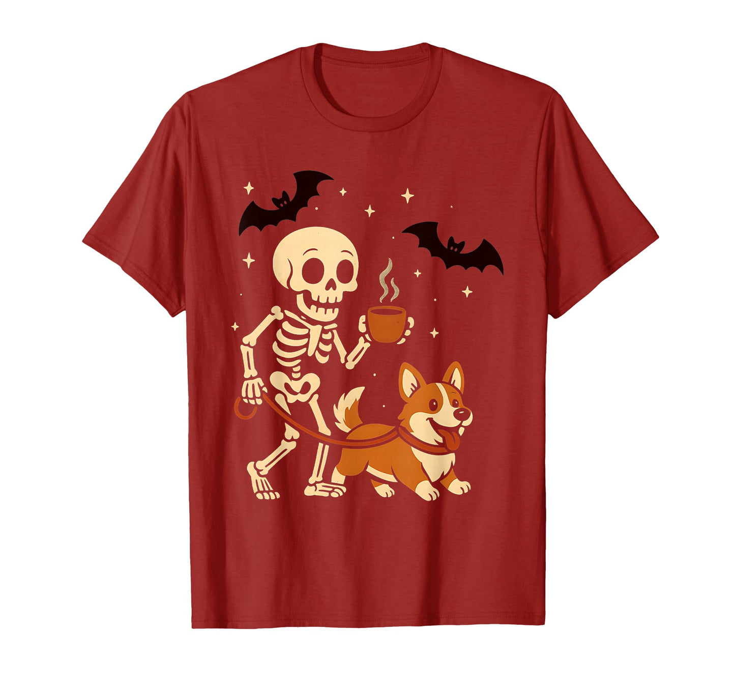 Skeleton Walking Corgi Dog Coffee Lovers Funny Halloween T-Shirt