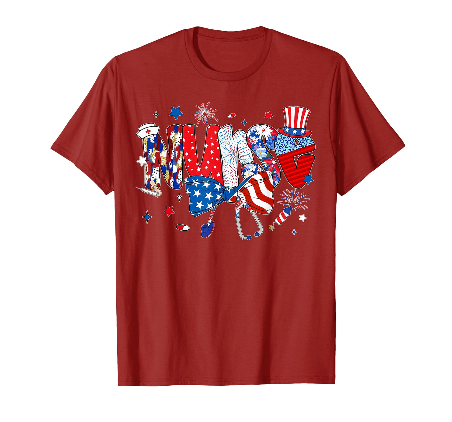 Patriotic Nurse USA Flag Fireworks 4th of July women Nurse T-Shirt