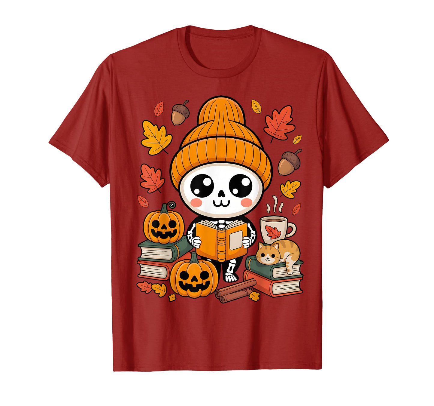 Spooky Cute Skeleton Reading Book Lovers Cozy Fall Aesthetic T-Shirt