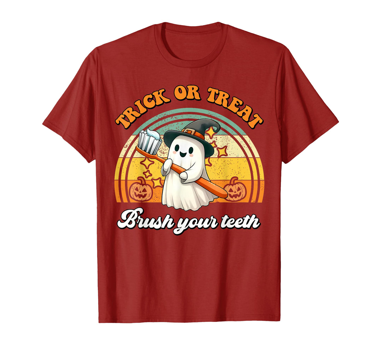 Trick Or Treat Brush Your Teeth Retro Halloween Cute Dentist T-Shirt