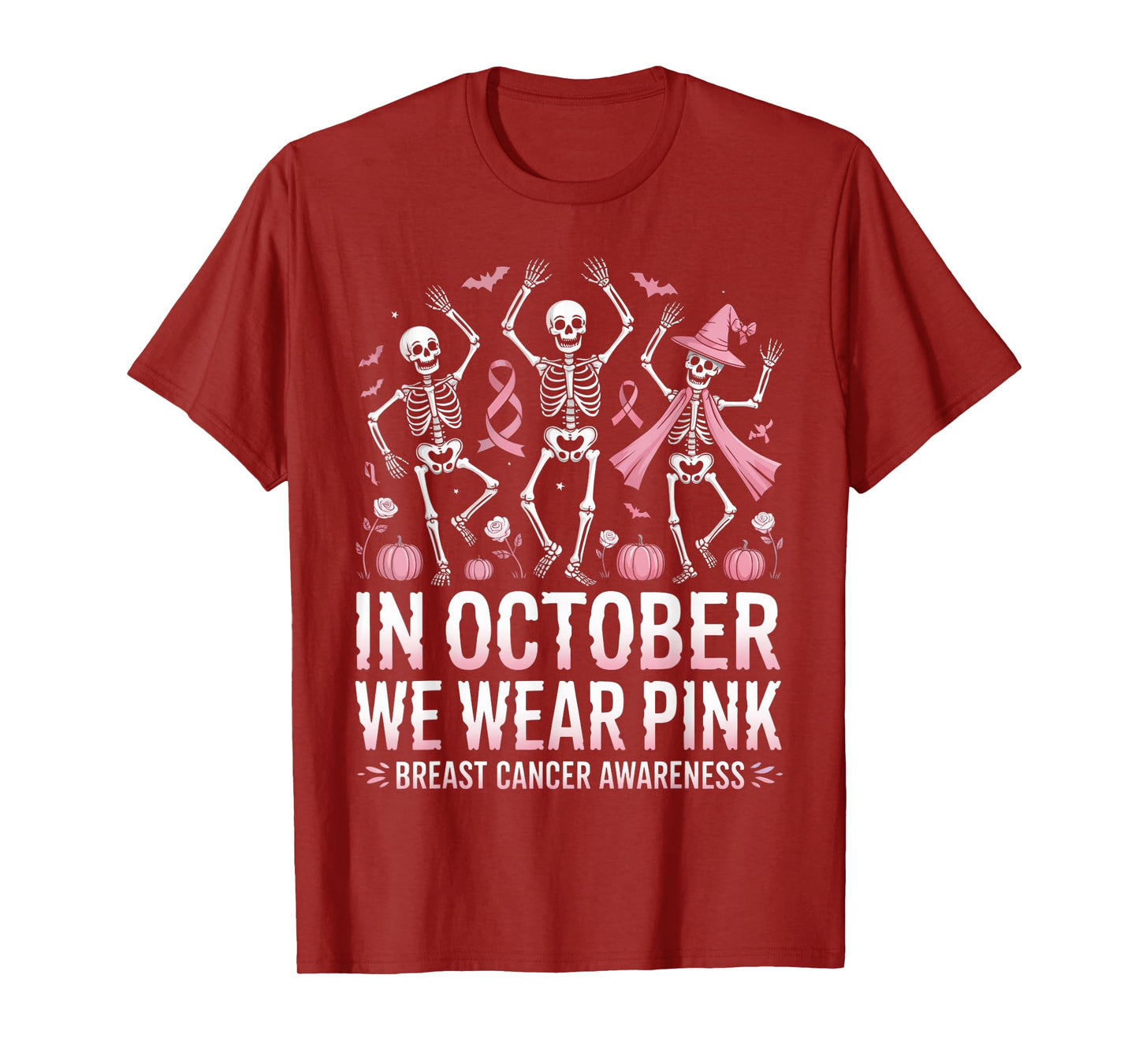 in October We Wear Pink Halloween Skeleton Breast Cancer T-Shirt