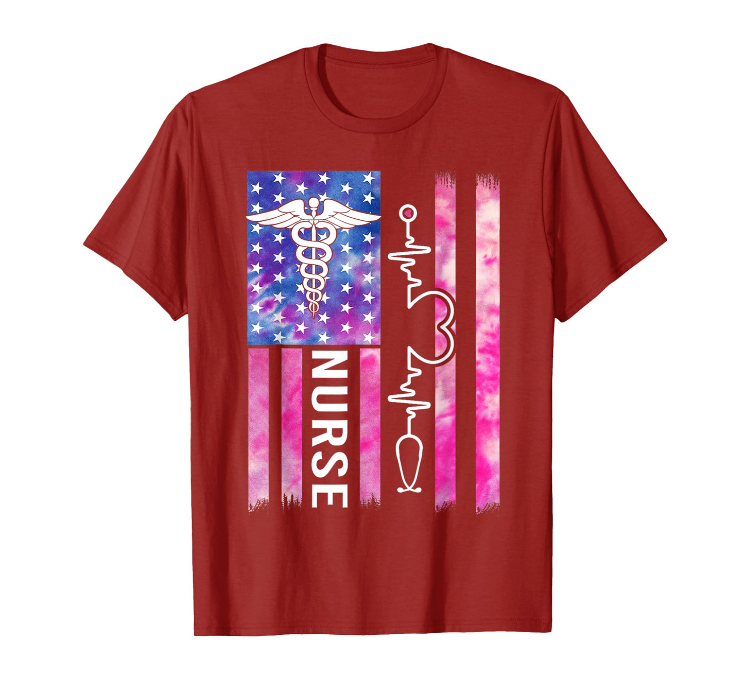 Tie Dye Nurse USA Flag Stethoscope Heartbeat American Nurse T-Shirt