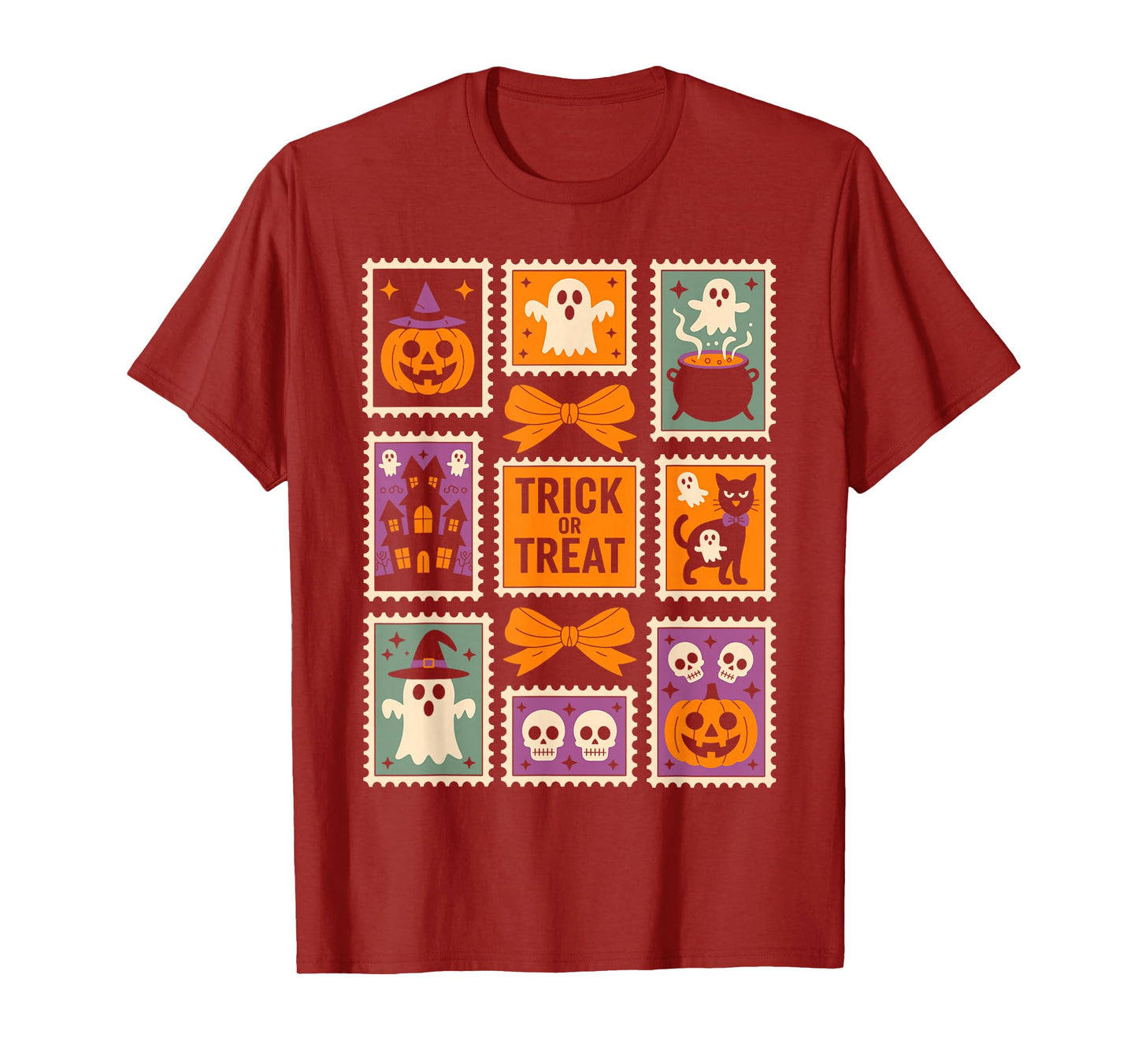 Halloween Stamps Spooky Pumpkin Ghost Cat Witch Skeleton T-Shirt