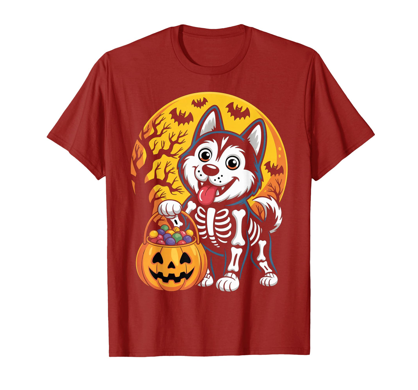 Siberian Husky Dog Skeleton Scary Pumpkin Moon Halloween T-Shirt