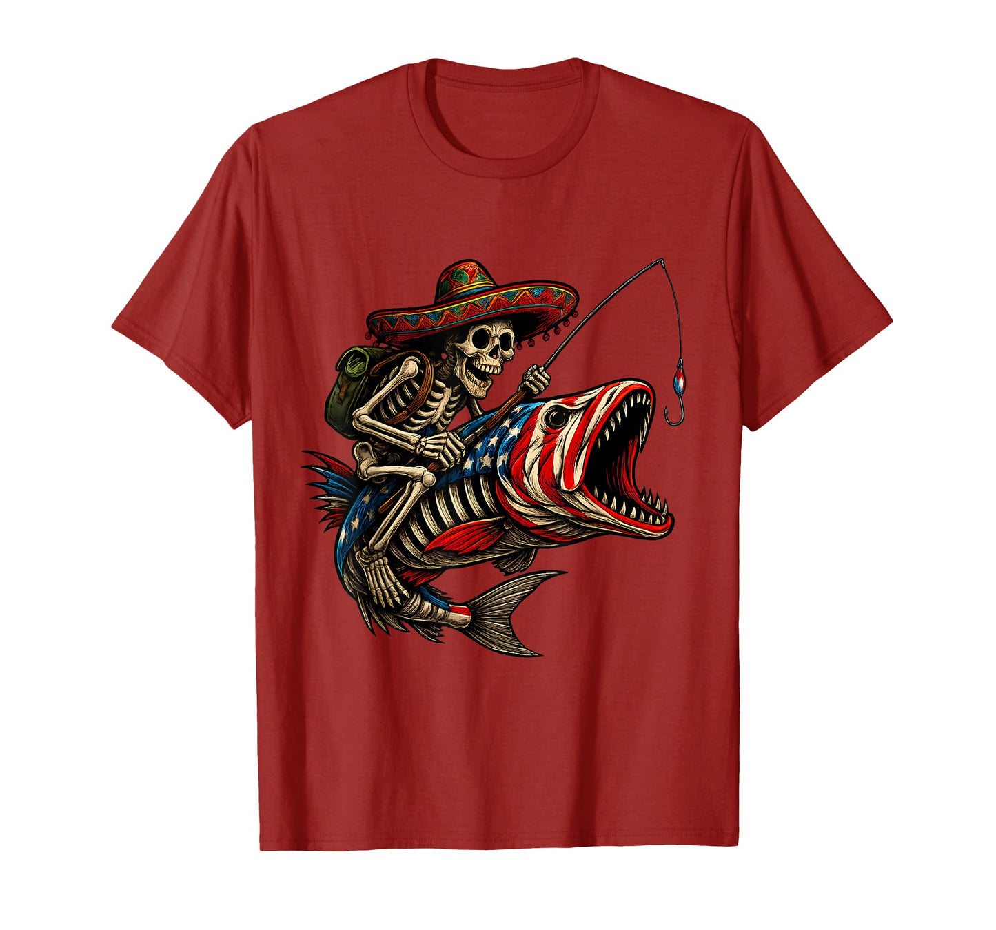 Fishing Mexican Sombrero Bass Fish Skull Skeleton Fisherman T-Shirt