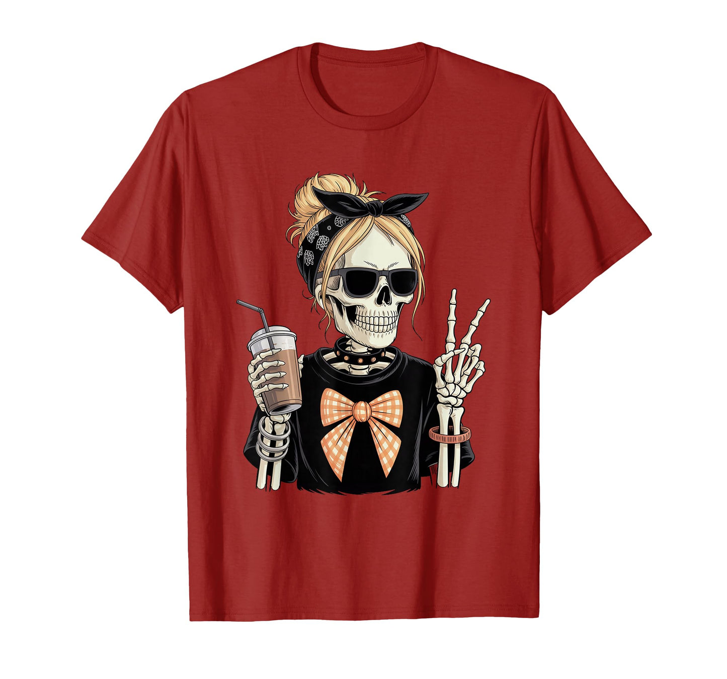 Skeleton Girl Drinking Coffee Peace Sign Graphic for Women T-Shirt