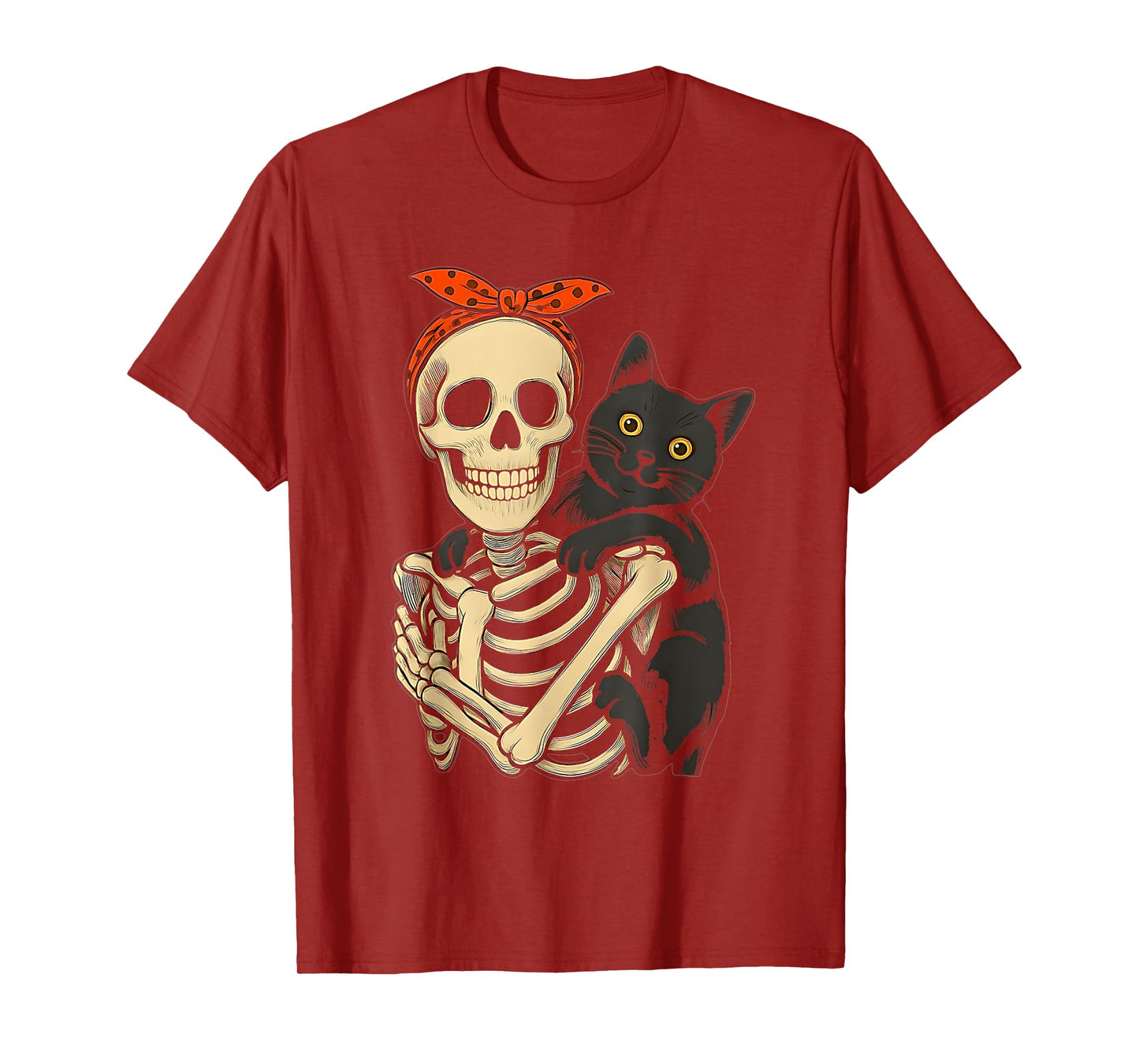 Skeleton Hugging Black Cat Halloween Cat Lover Mom Womens T-Shirt
