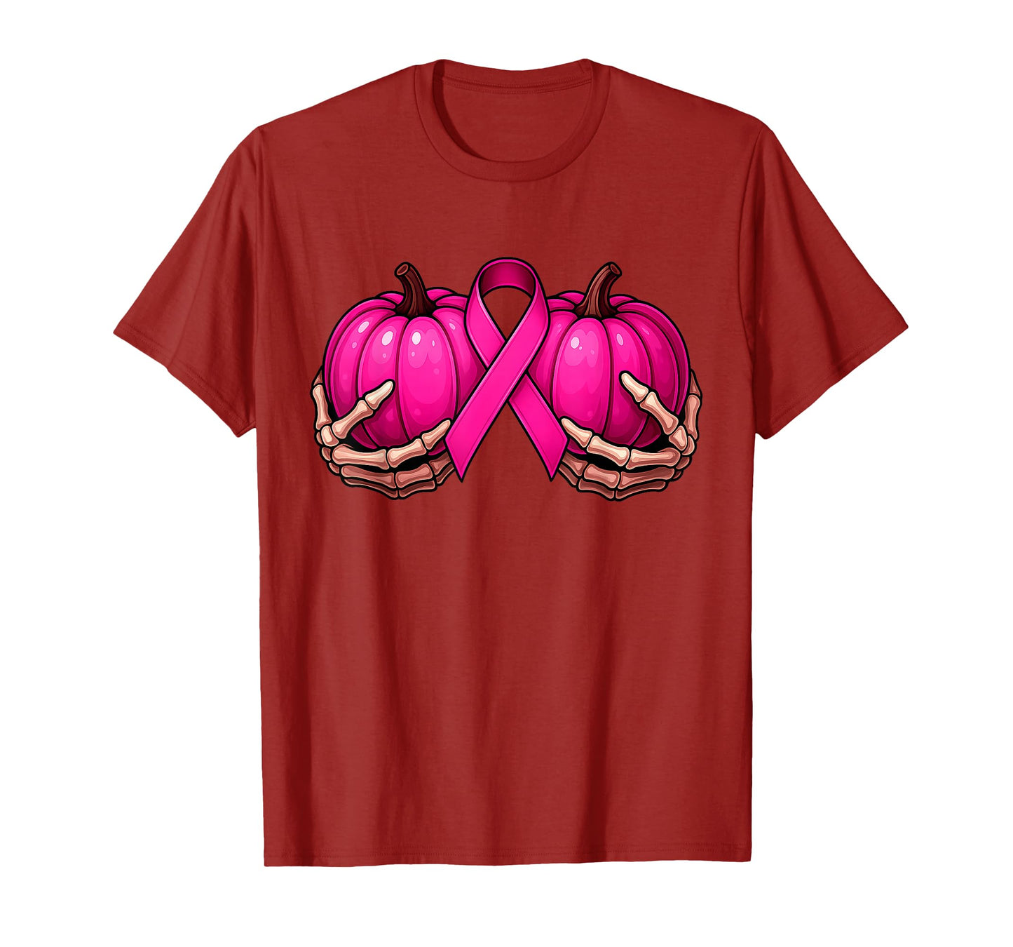 Skeleton Hands Holding Pumpkins Bra Breast Cancer Awareness T-Shirt