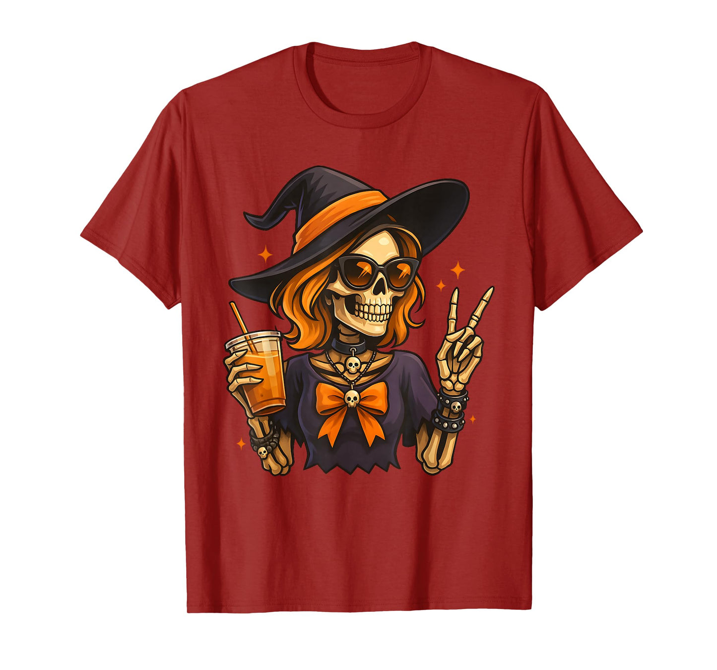 Skeleton Girl Drinking Coffee Peace Sign Witch Halloween T-Shirt