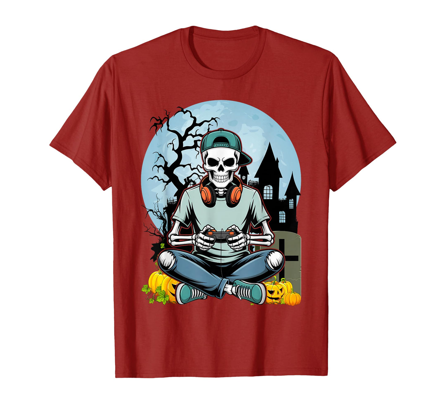 Halloween Skeleton Gamer Funny Video Games Boys Kids Men T-Shirt
