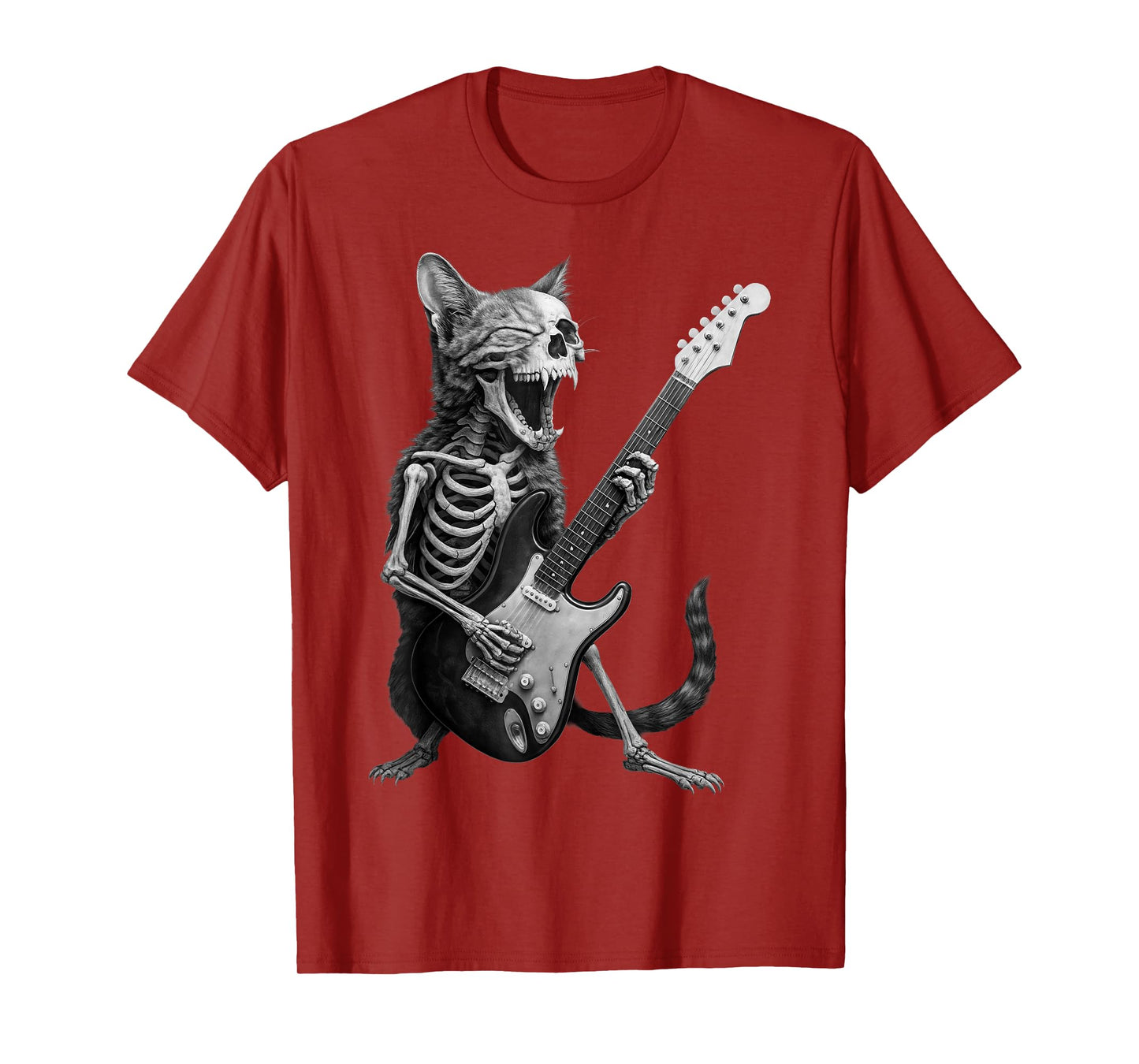 Funny Skeleton Cat Playing Guitar Rock and Roll Music Band T-Shirt