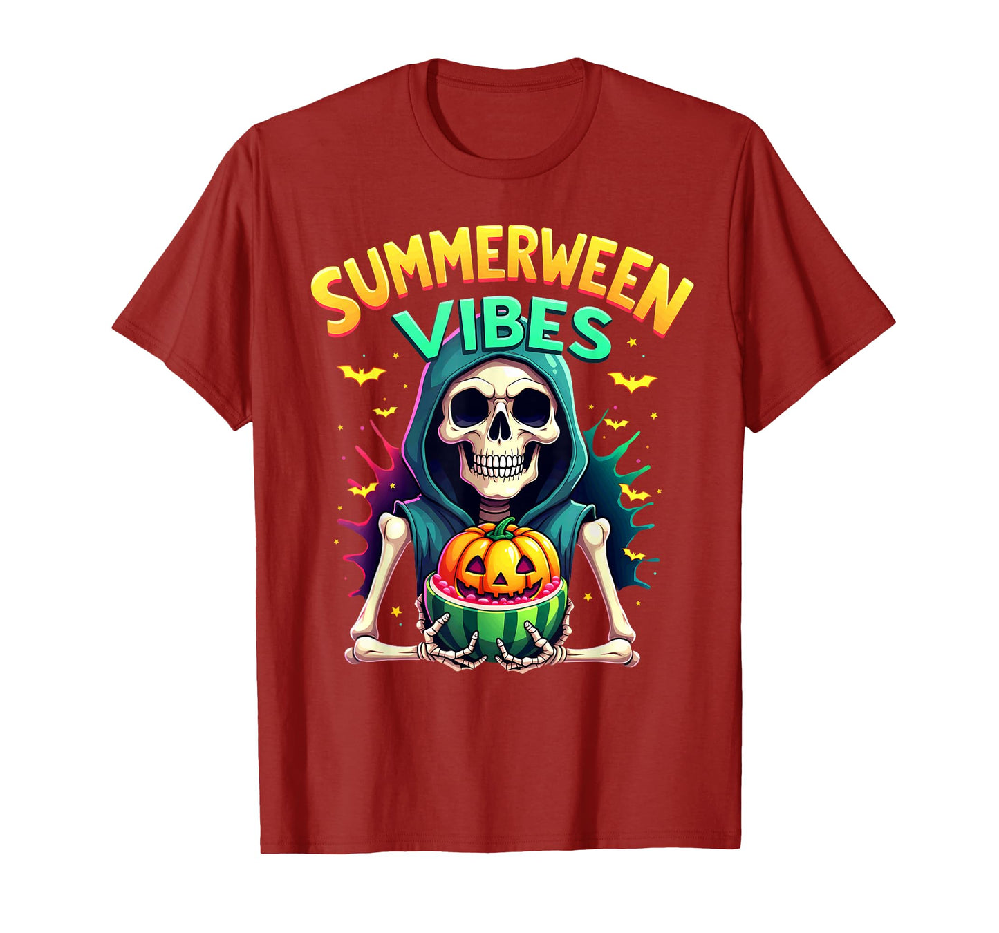 Ghost Skeleton Eating Watermelon Summerween Vibes T-Shirt