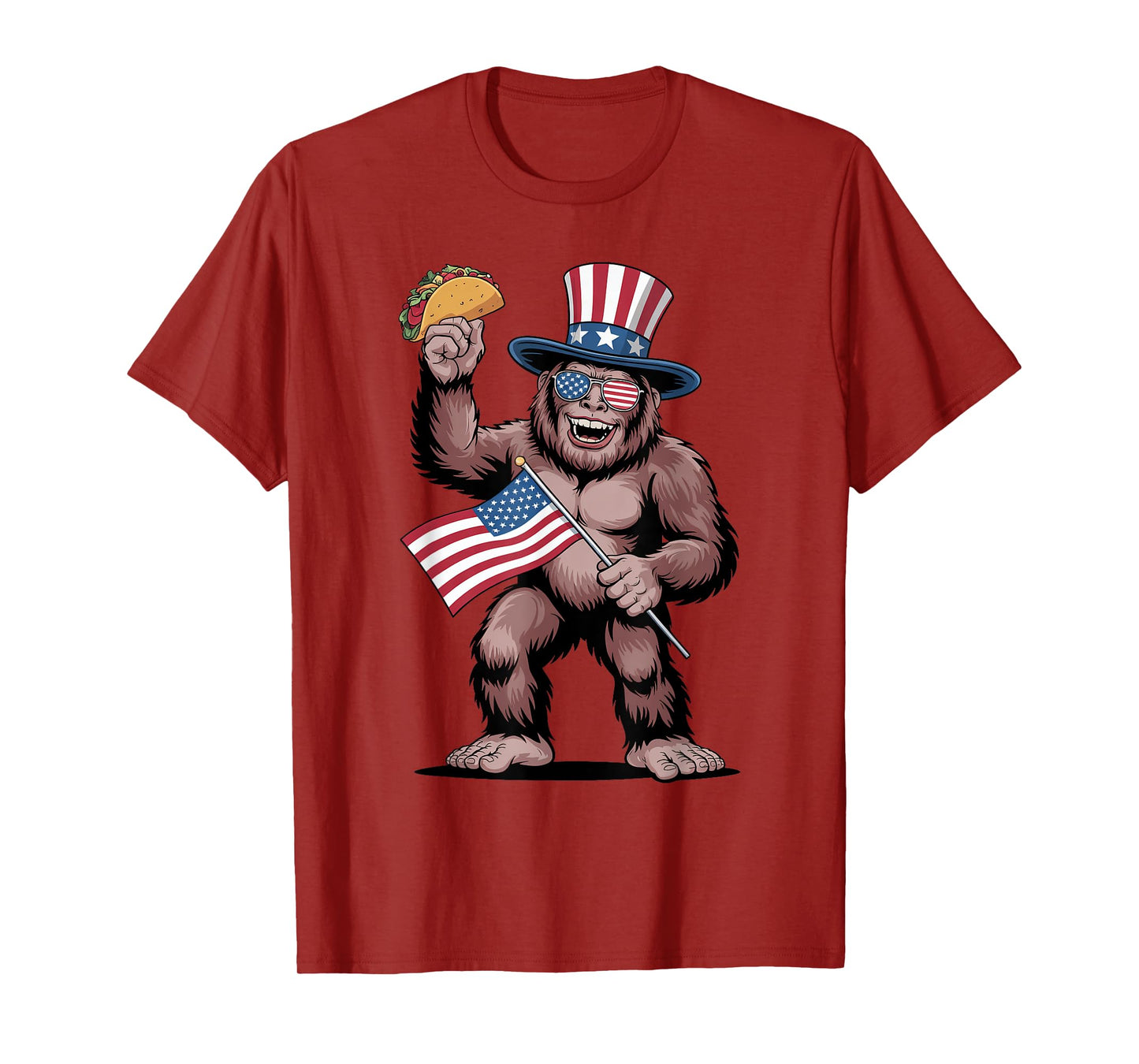 Patriotic Bigfoot Holding Taco with USA Flag Funny July 4th T-Shirt