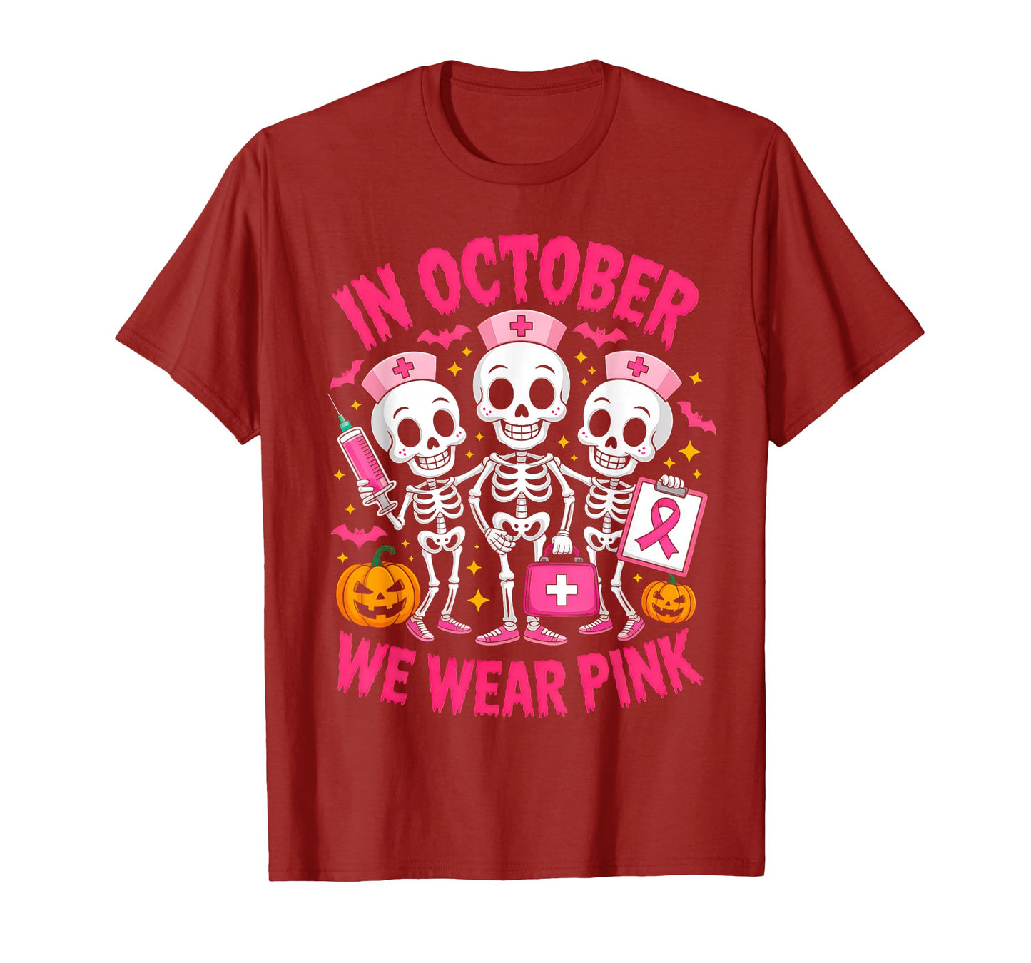 in October We Wear Pink Nurse Skeleton Breast Cancer Women T-Shirt