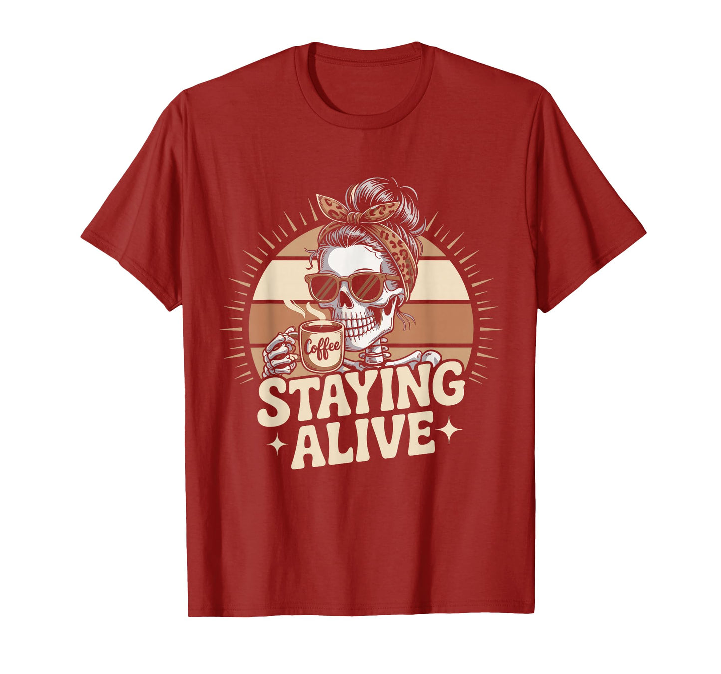 Staying Alive Retro Skeleton Coffee Sunset Halloween T-Shirt