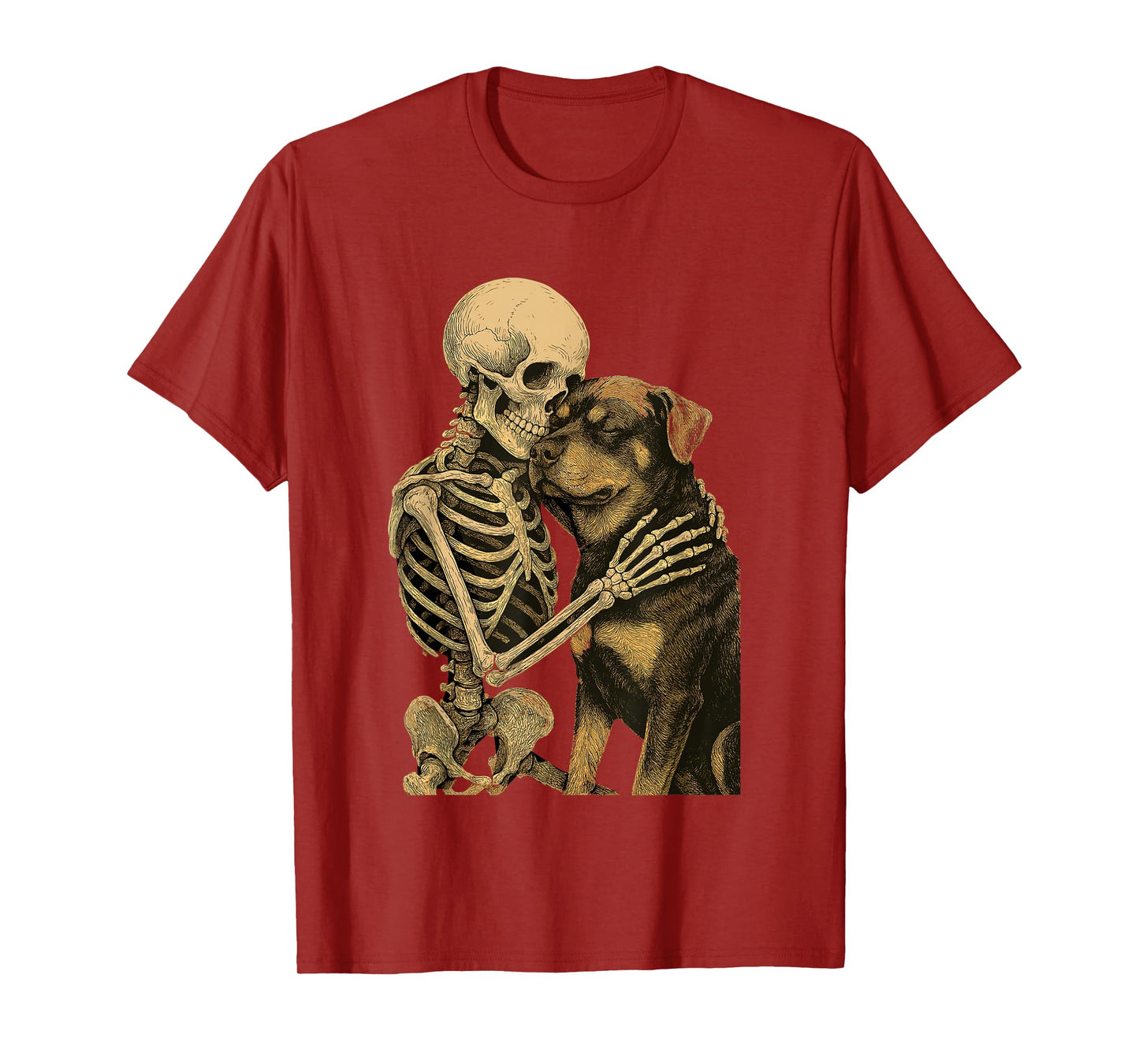 Skeleton Hugging Dog Vintage Gothic Friendship Design T-Shirt