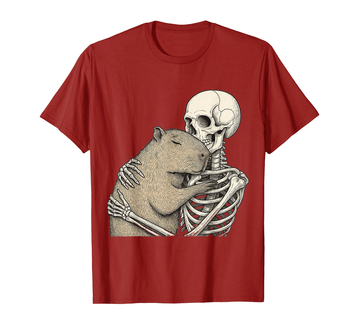 Skeleton Hugging Capybara Cute Halloween Design T-Shirt