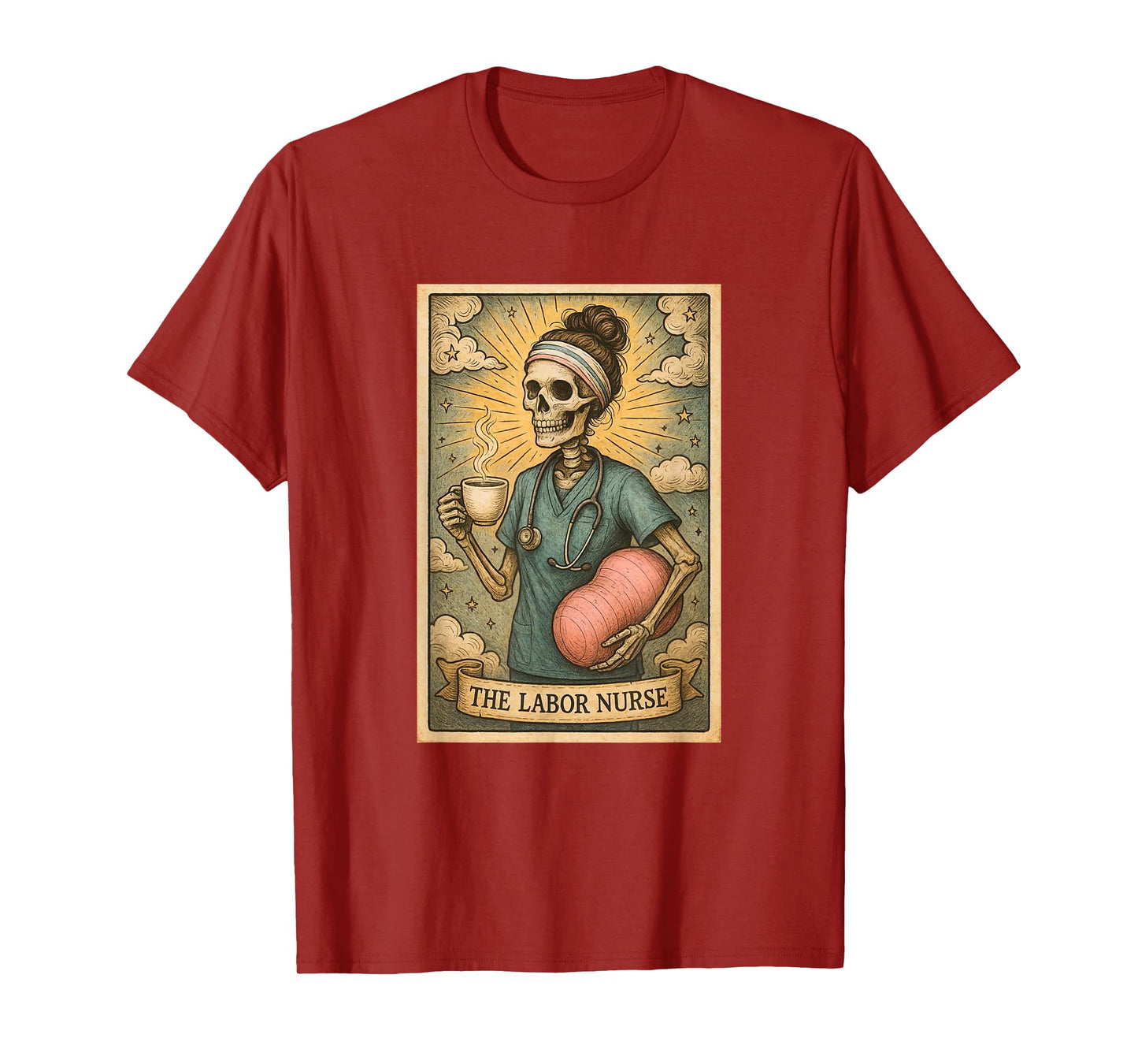 Labor and Delivery Nurse Tarot Card Skeleton Flying Cowgirl T-Shirt