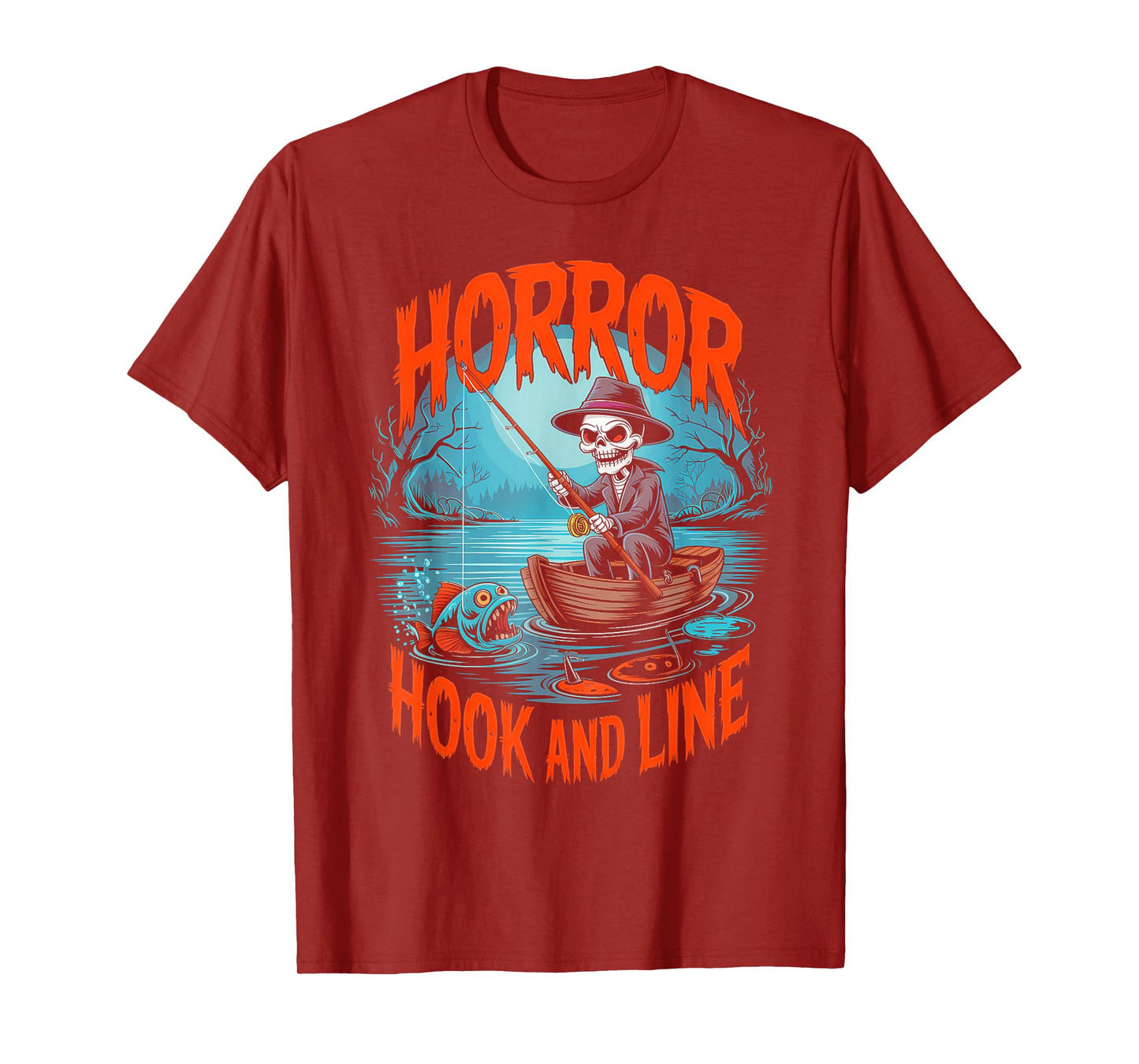 Horror Hook and Line Fishing Skeletons Halloween Fishermen T-Shirt