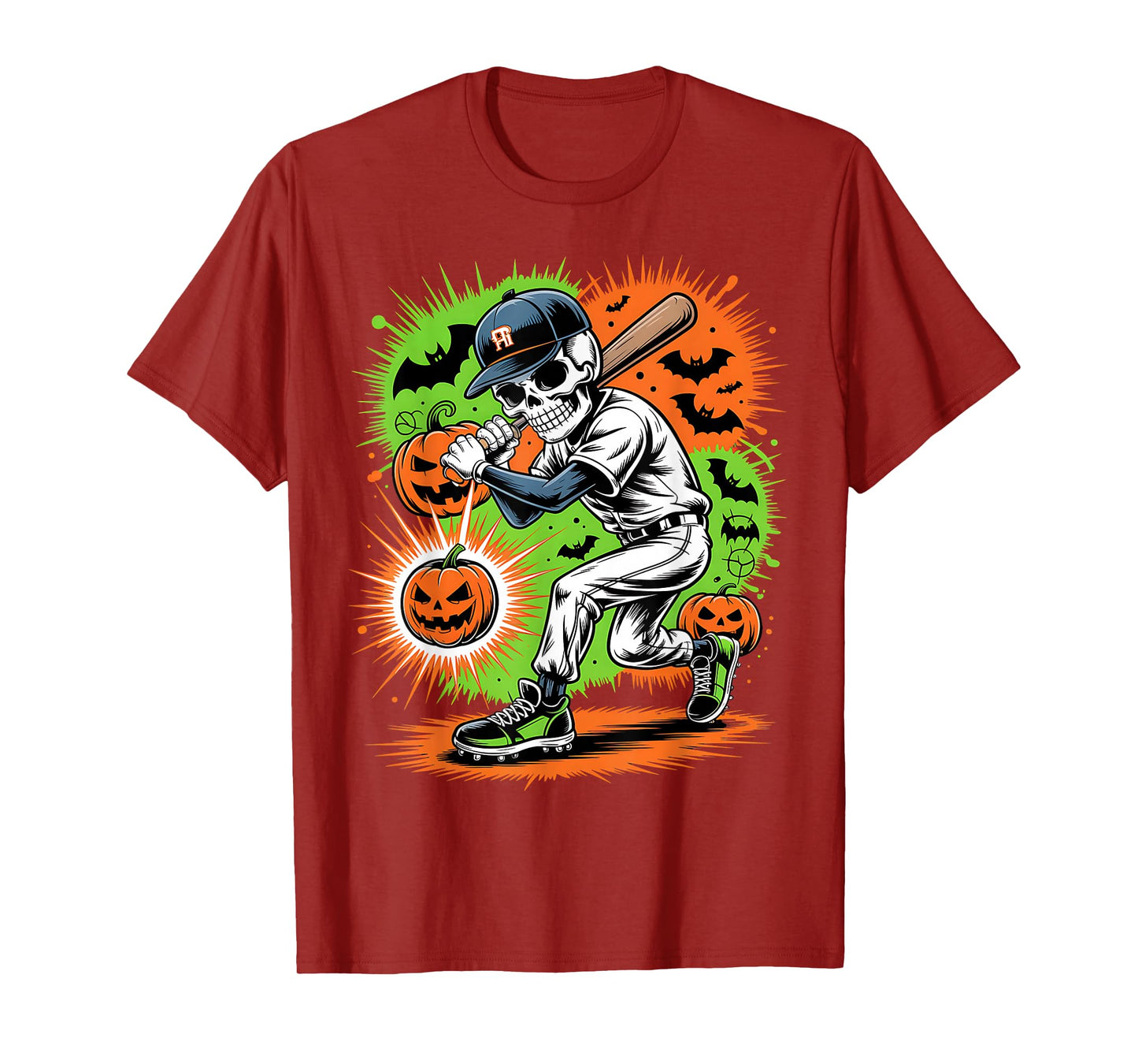 Skeleton Baseball Halloween Pumpkin Hitter Sport Costume T-Shirt
