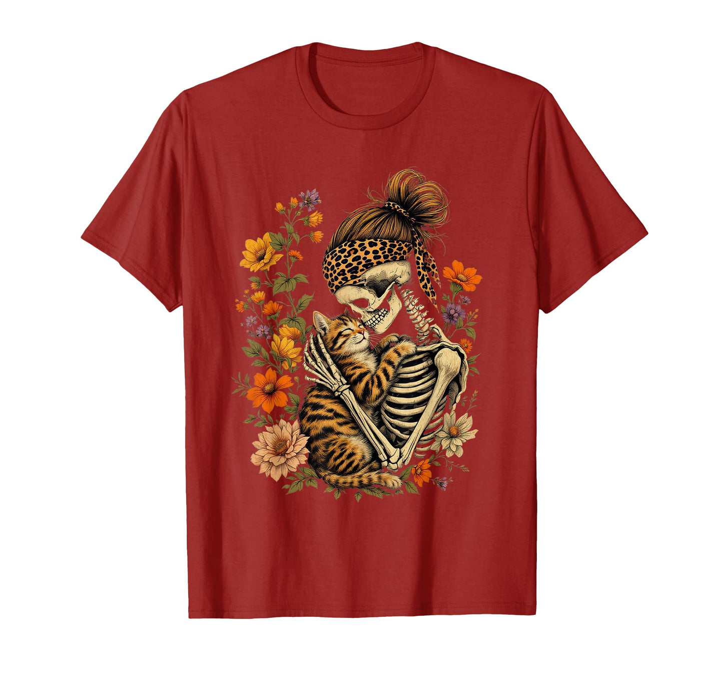 Skeleton Hugging Cat Floral Halloween Cat Lover Mom Costume T-Shirt