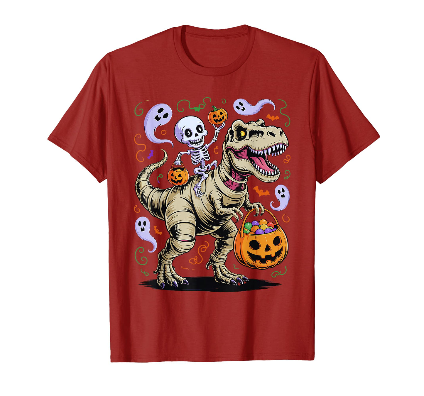 Funny Skeleton on Mummy T Rex with Pumpkin Candy Ghosts T-Shirt
