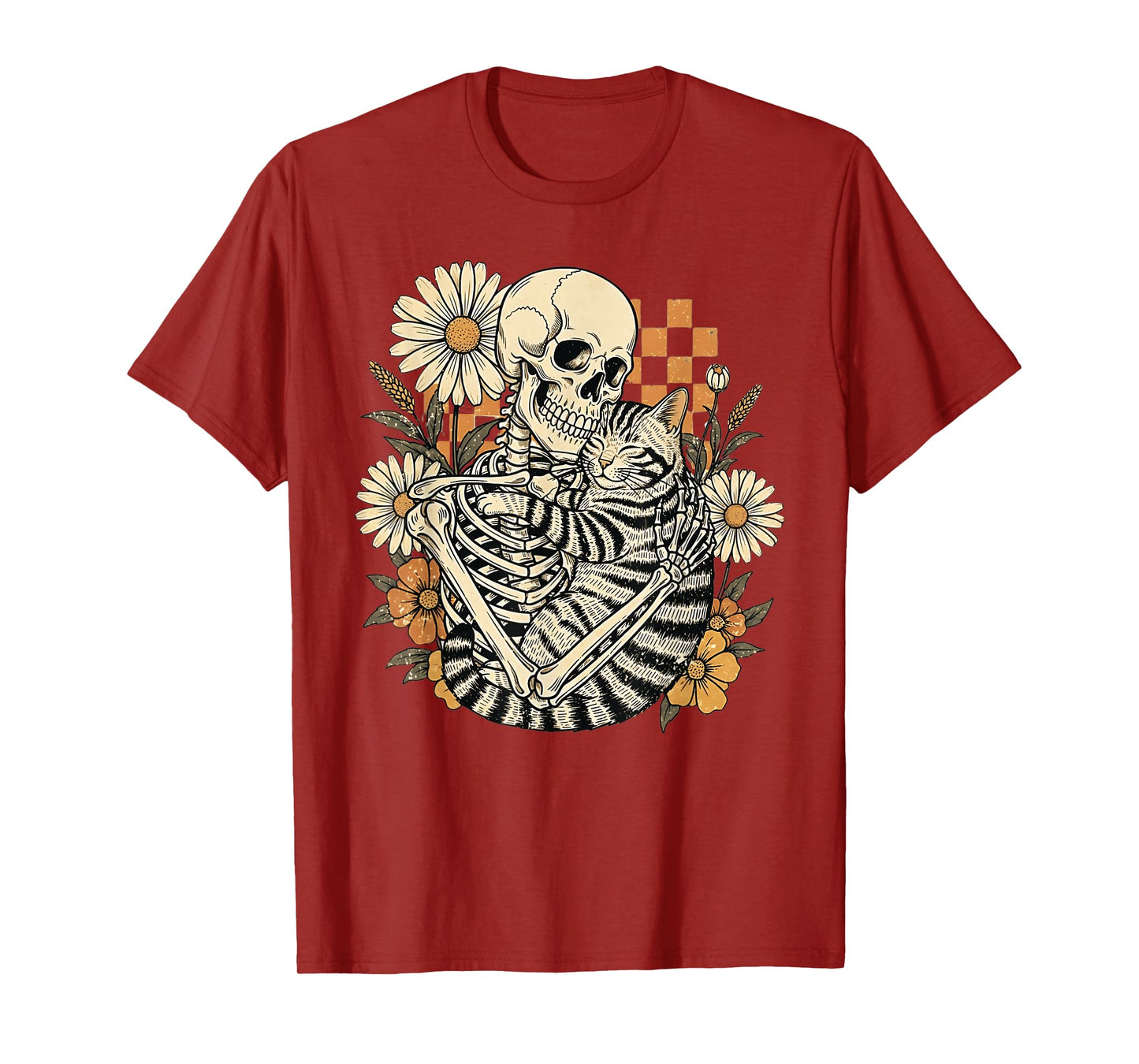 Floral Skeleton Hugging Cat Halloween Cats Mom Dad T-Shirt