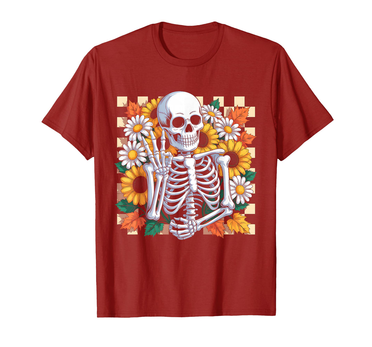Retro Fall Skeleton Halloween Skeleton Flower Spooky Season T-Shirt