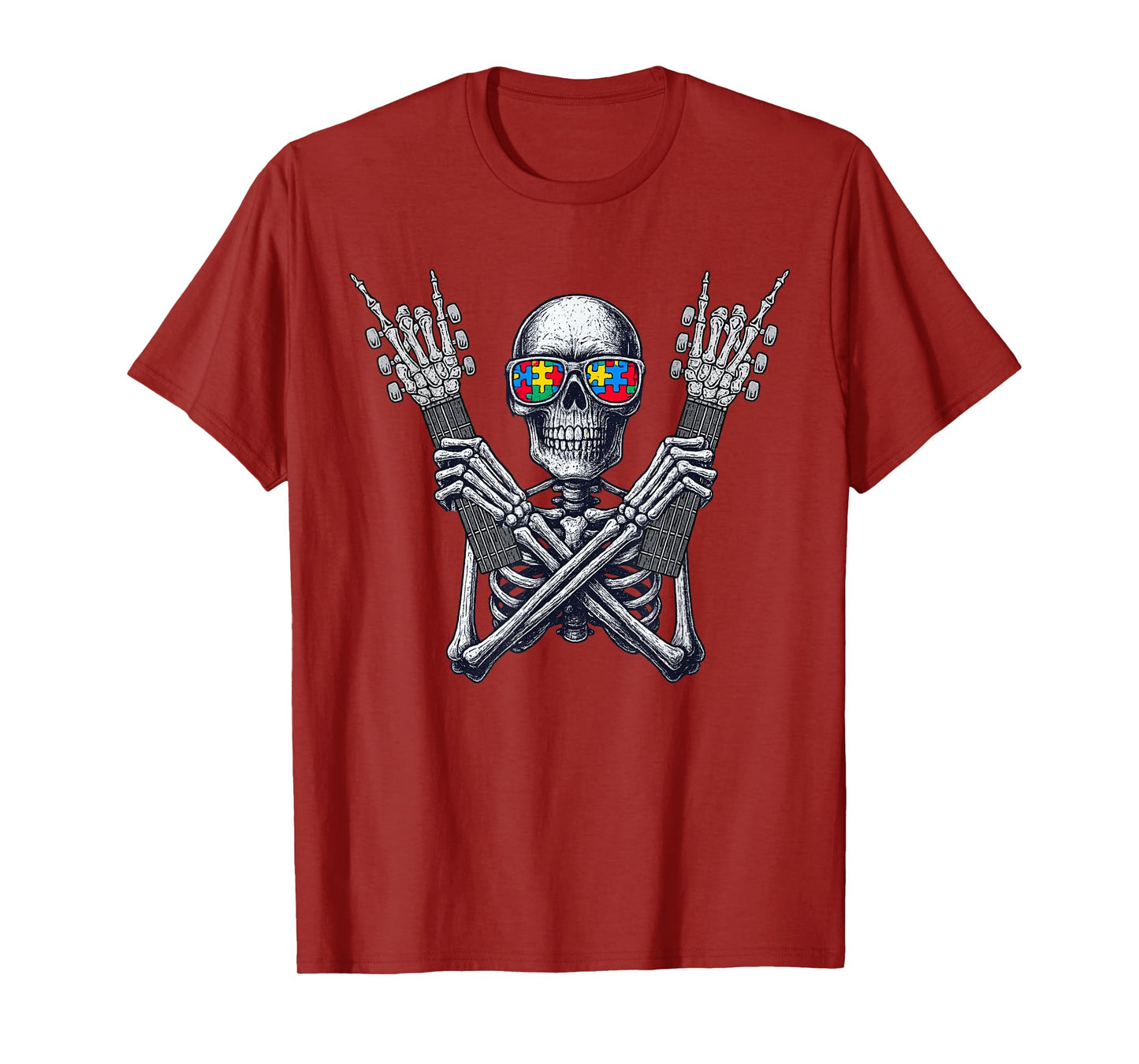 Vintage Halloween Skeleton Autism Guitar Rock Spooky Costume T-Shirt
