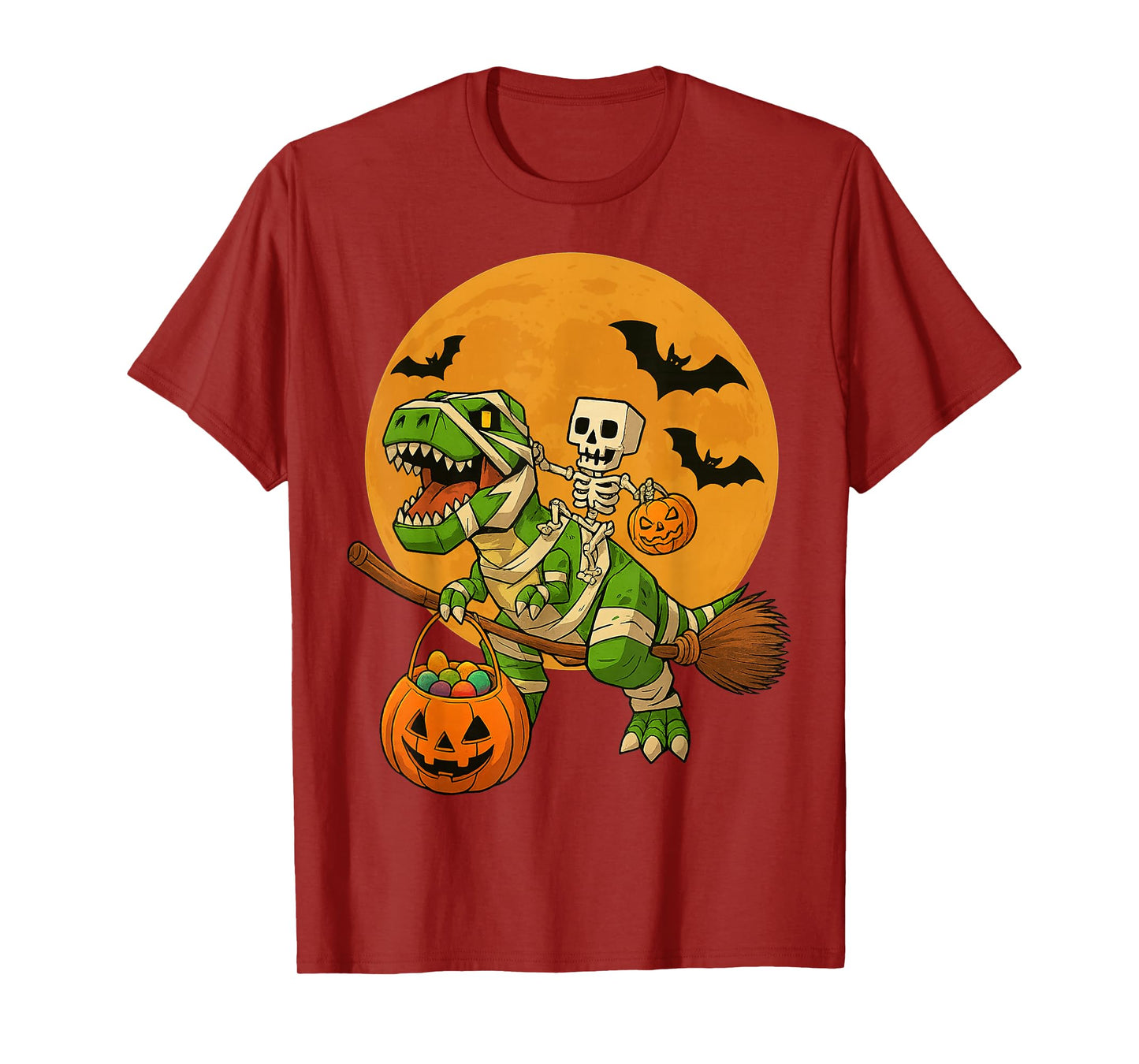 Skeleton Dinosaur T rex Boys Kids Funny Halloween Pumpkin T-Shirt