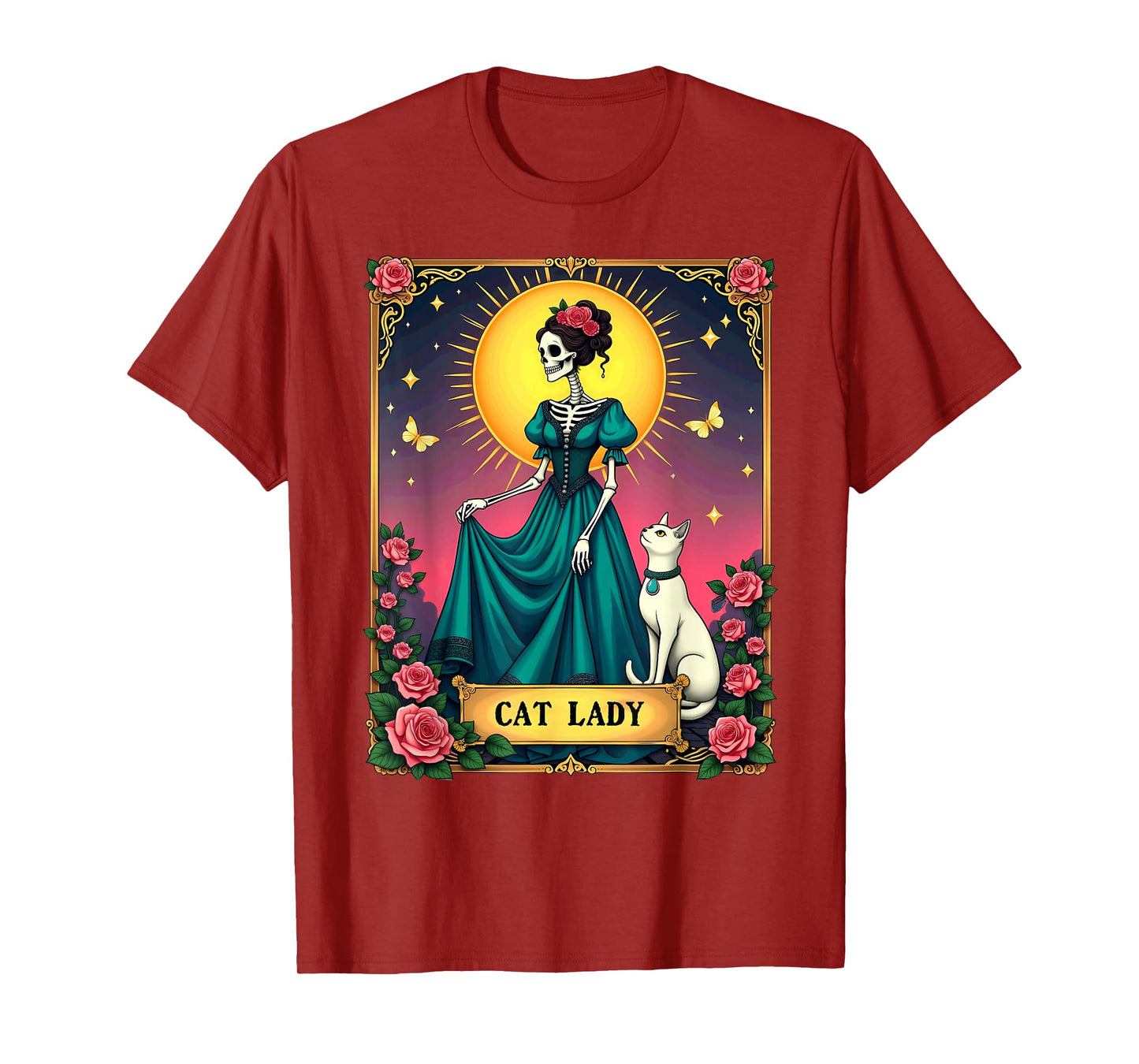 Retro Cat Lady Tarot Card Skeleton Halloween T-Shirt