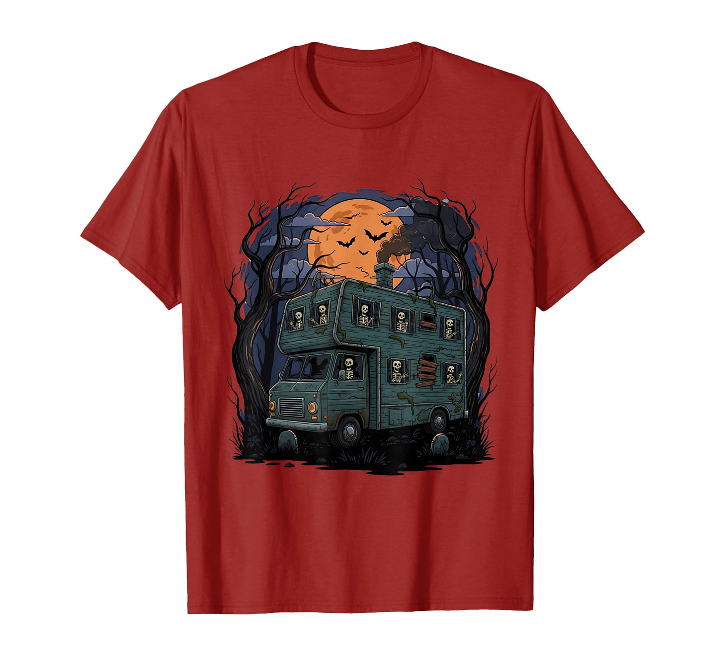 Haunted Camper RV Van Funny Halloween Skeleton Ghost Trip T-Shirt