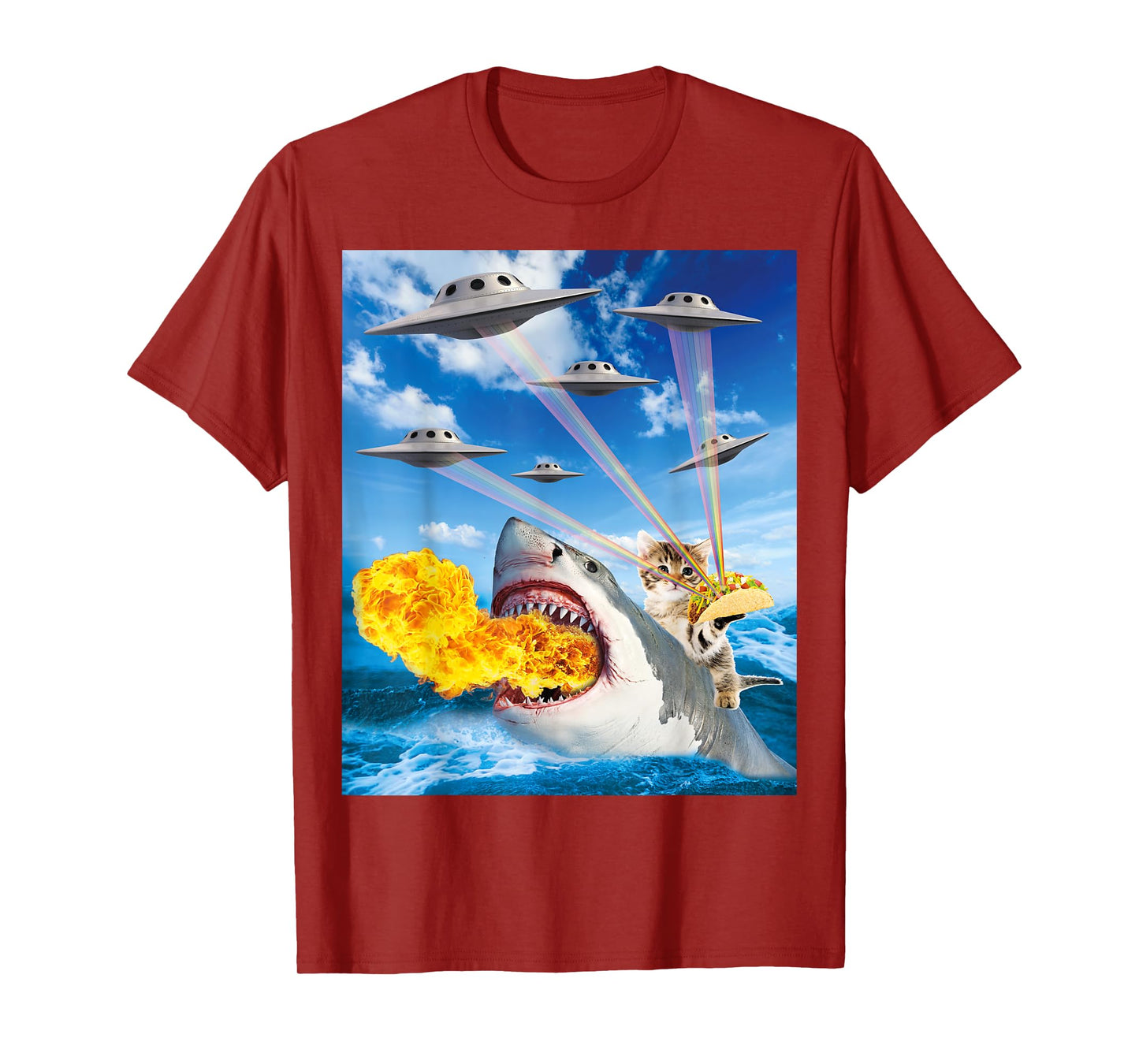 Cat Riding Fire Breathe Shark Rainbow Laser Taco T-Shirt