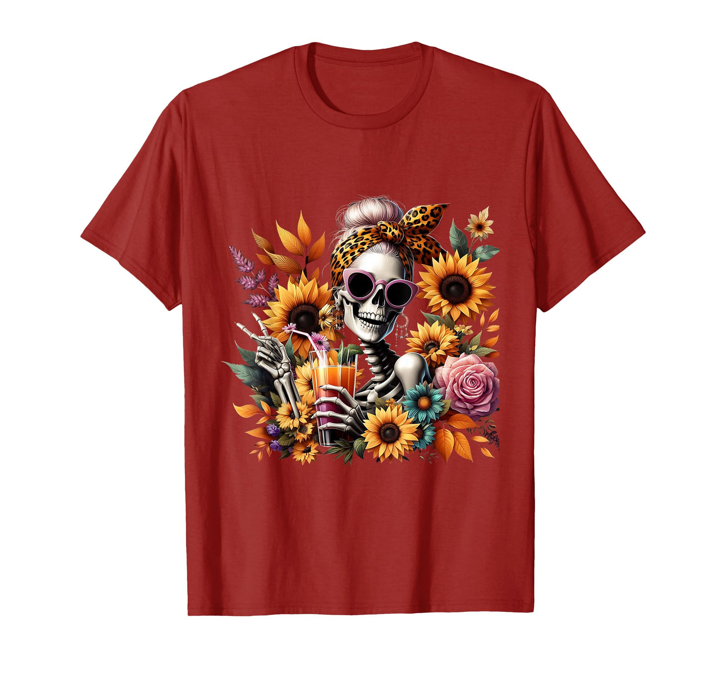 Fall Autumn Messy Bun Skull Bow Halloween Skeleton Women T-Shirt