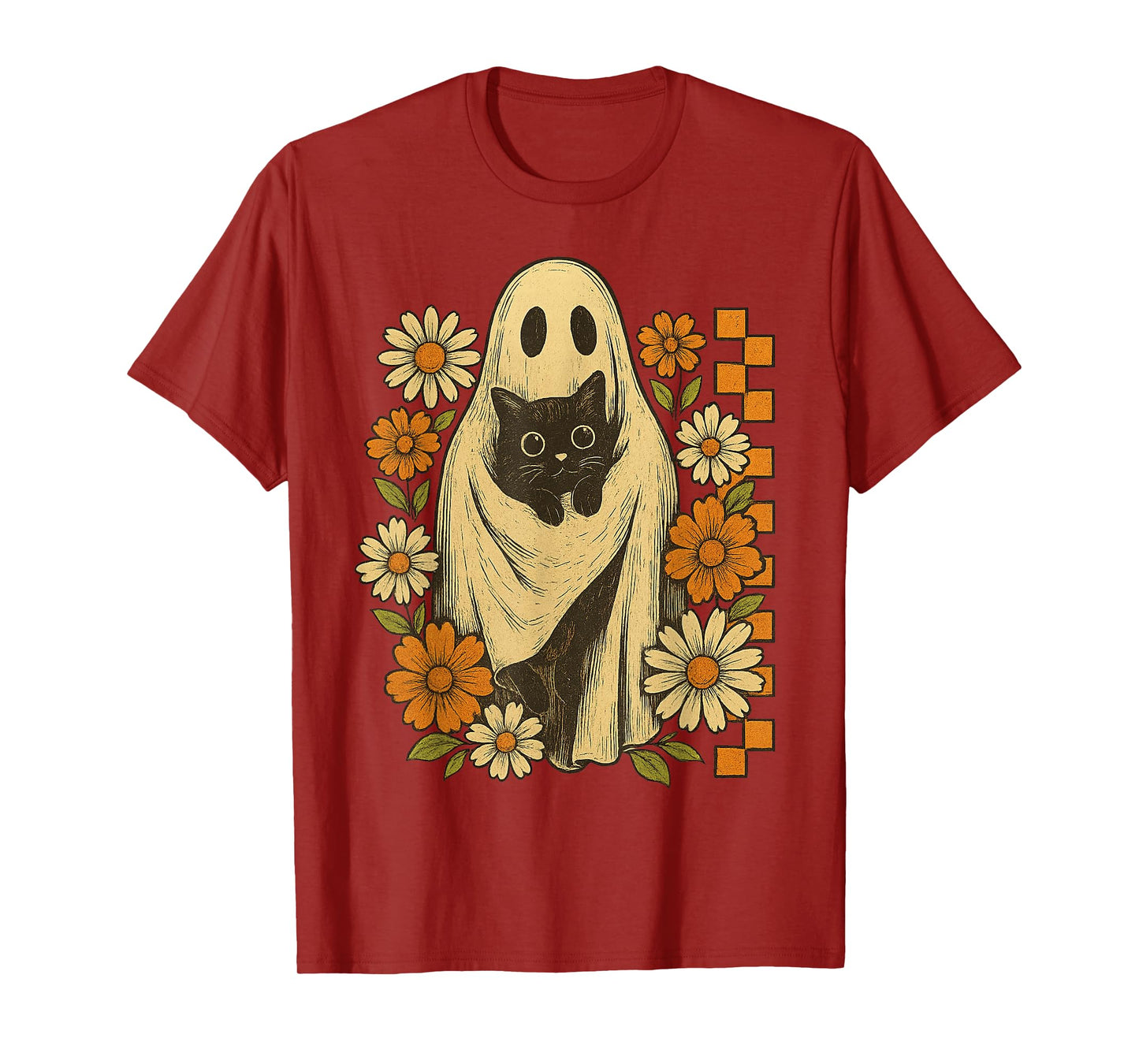 Vintage Halloween Ghost Holding Black Cats Groovy Floral T-Shirt